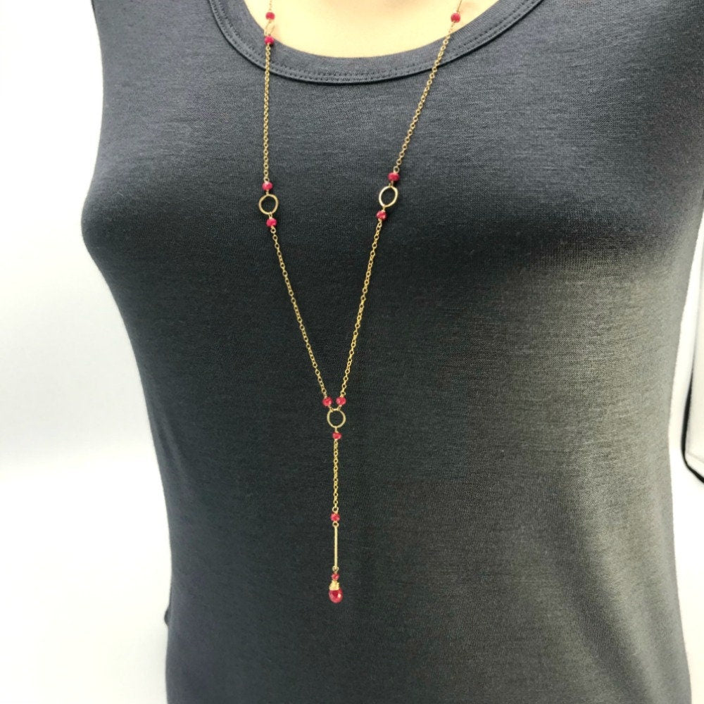 Ruby Y Necklace,July Birthstone,Long Delicate Necklace, Simple Layering Necklace,Genuine Ruby Bar Necklace, Gold Lariat Necklace
