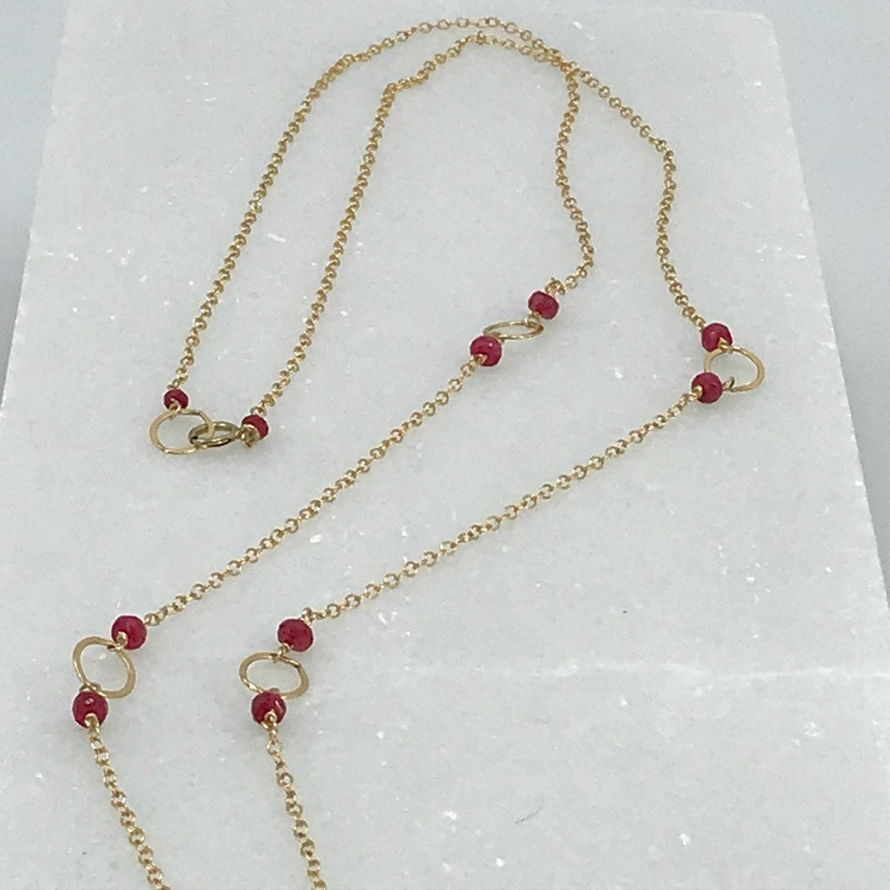 Ruby Y Necklace,July Birthstone,Long Delicate Necklace, Simple Layering Necklace,Genuine Ruby Bar Necklace, Gold Lariat Necklace