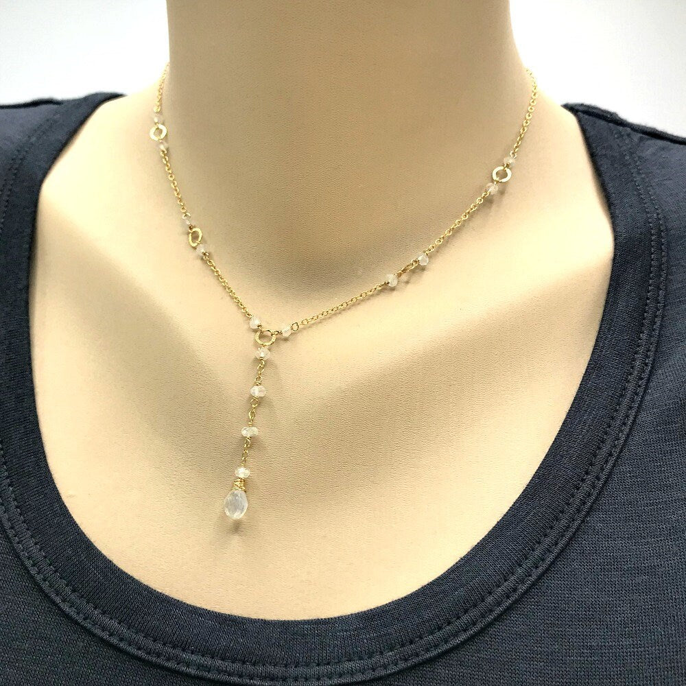 Dainty Moonstone Necklace,June Birthstone Jewelry,Layering Necklace, Drop Layering Necklace,Simple Y Necklace,White Drop Necklace