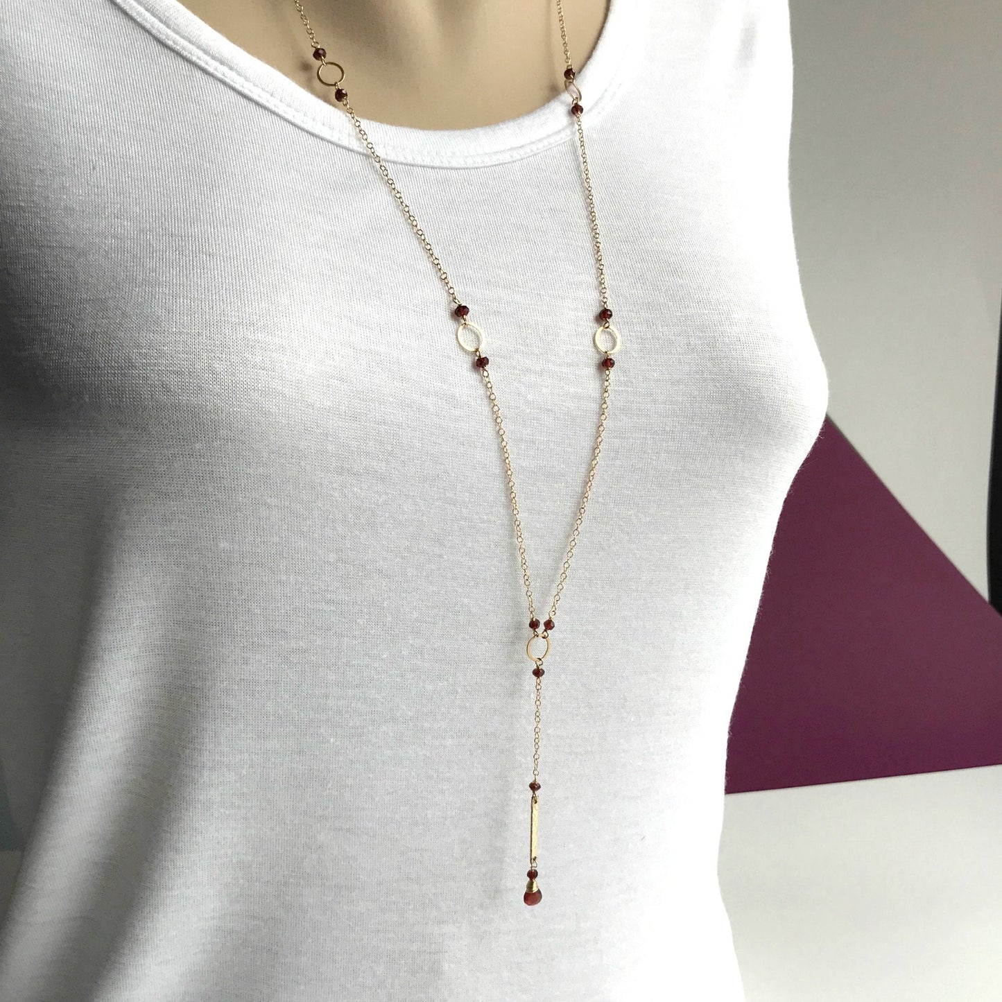 Garnet Y Necklace,January Birthstone Lariat, Dainty Gemstone Necklace, Layering Delicate Necklace, Long Bar Necklace, Cute Necklace