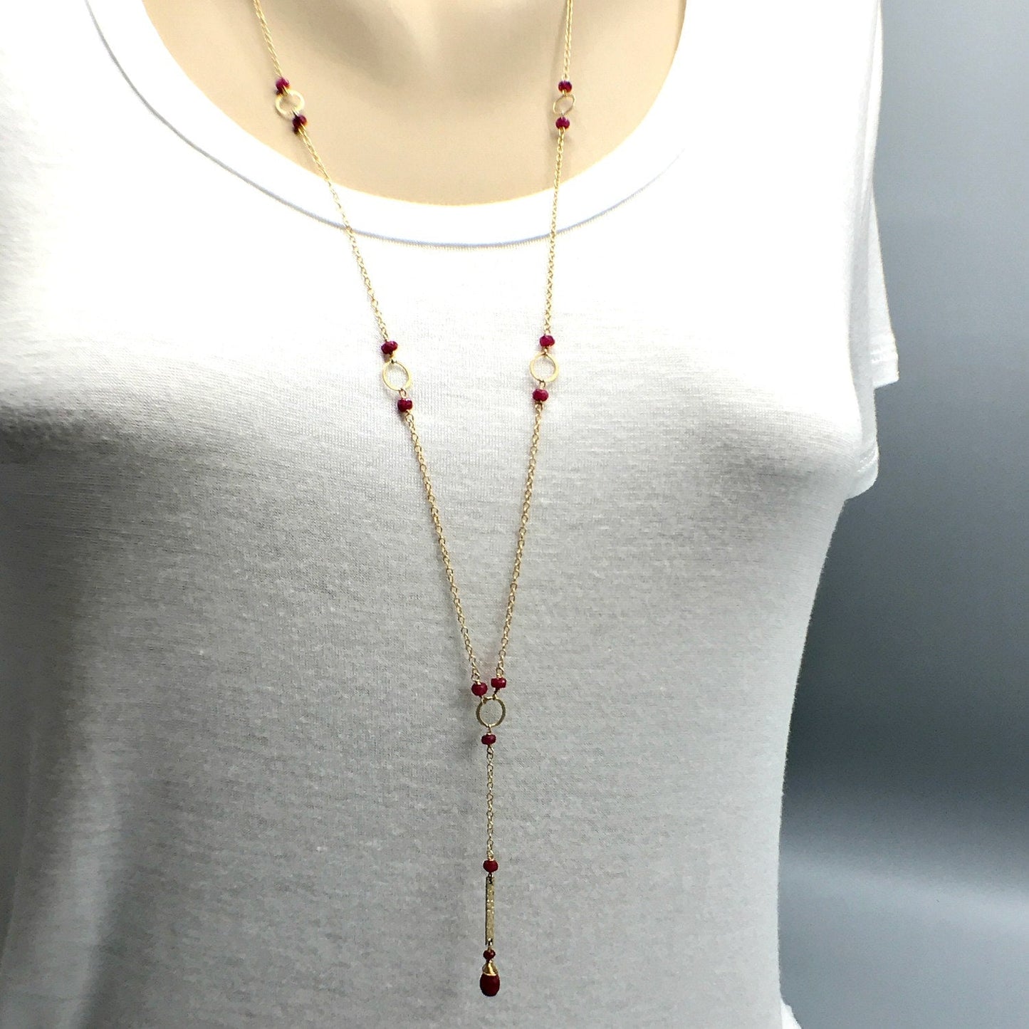 Ruby Y Necklace,July Birthstone,Long Delicate Necklace, Simple Layering Necklace,Genuine Ruby Bar Necklace, Gold Lariat Necklace