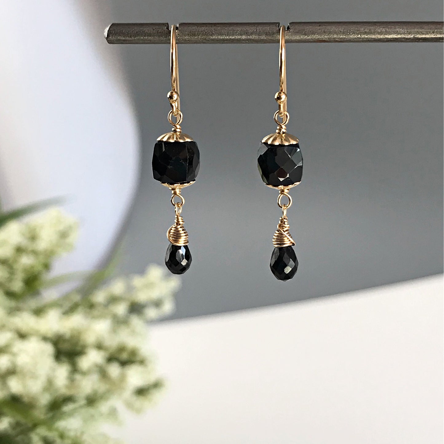 Black Earrings Dainty Earrings Gemstone Earrings Gold Earrings Women Earrings Gift for Mom Gift for Sister Black and Gold Black Jewelry