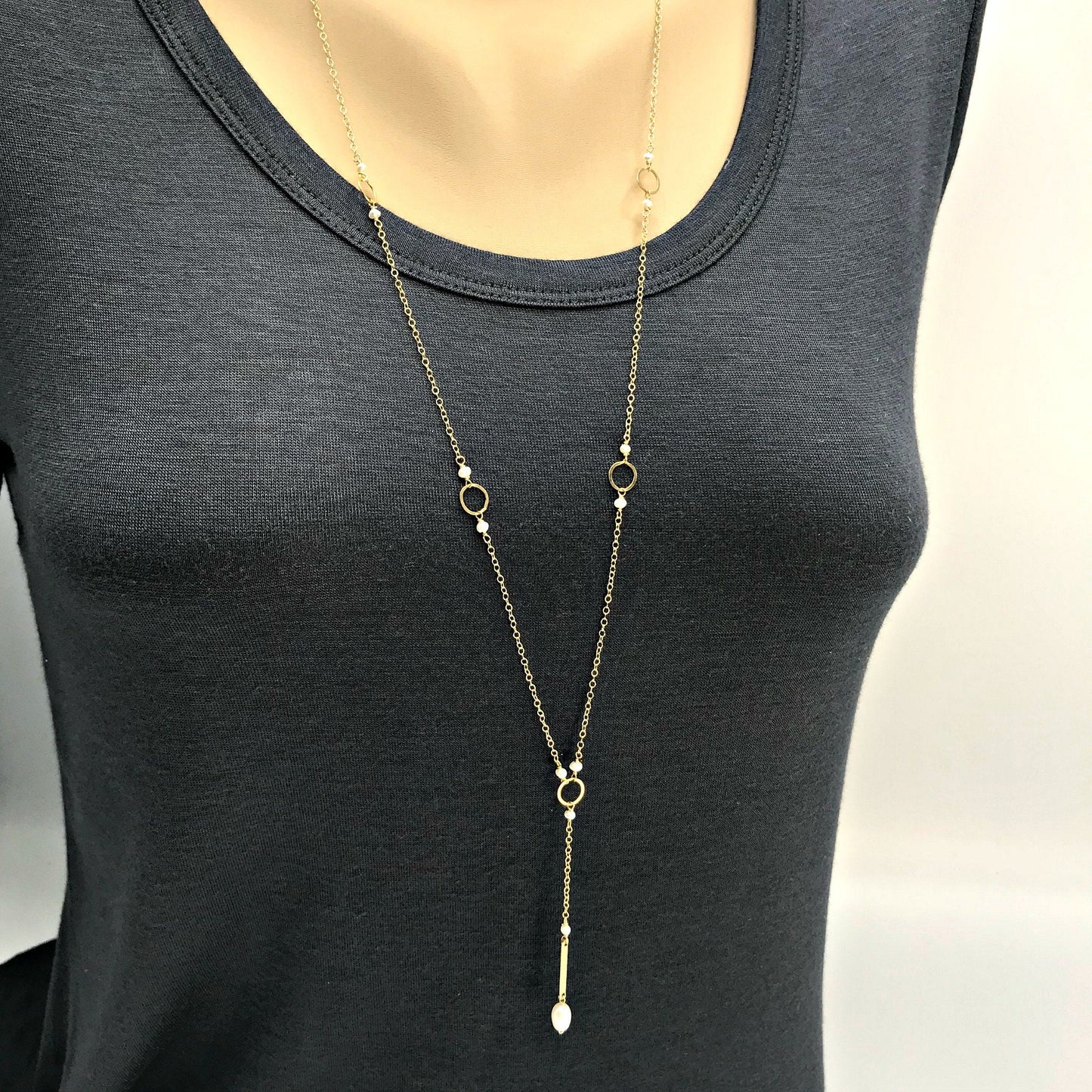 Bar Drop Necklace,Pearl Y Necklace,Simple Y Necklace,Long Necklace,Gold Y Necklace,June Birthstone,Layered Necklace,Delicate Lariat
