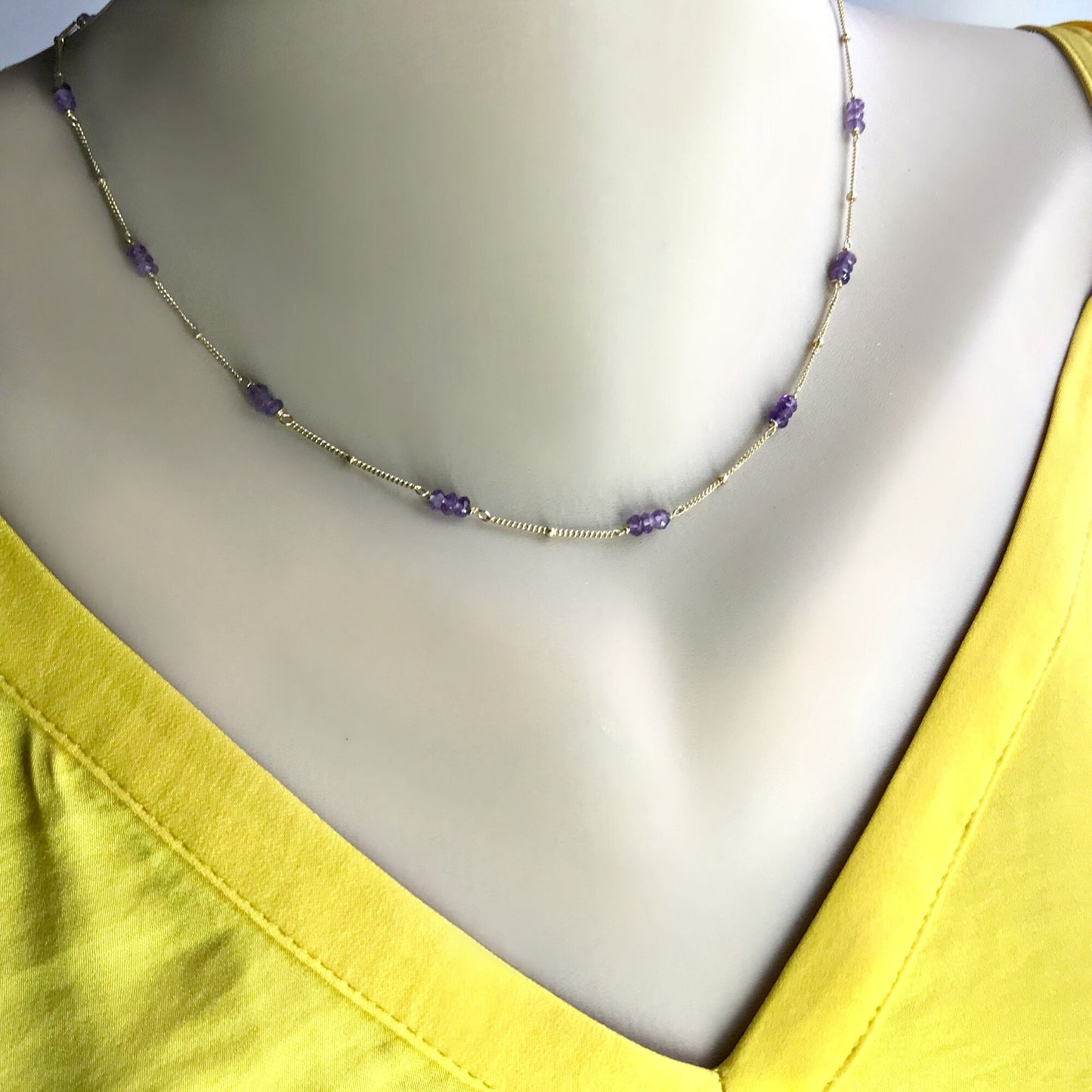 Delicate Amethyst Gemstone Necklace for Everyday Elegance,Dainty Amethyst Layering Necklace with Gold Satellite Chain, Daily Wear Necklace
