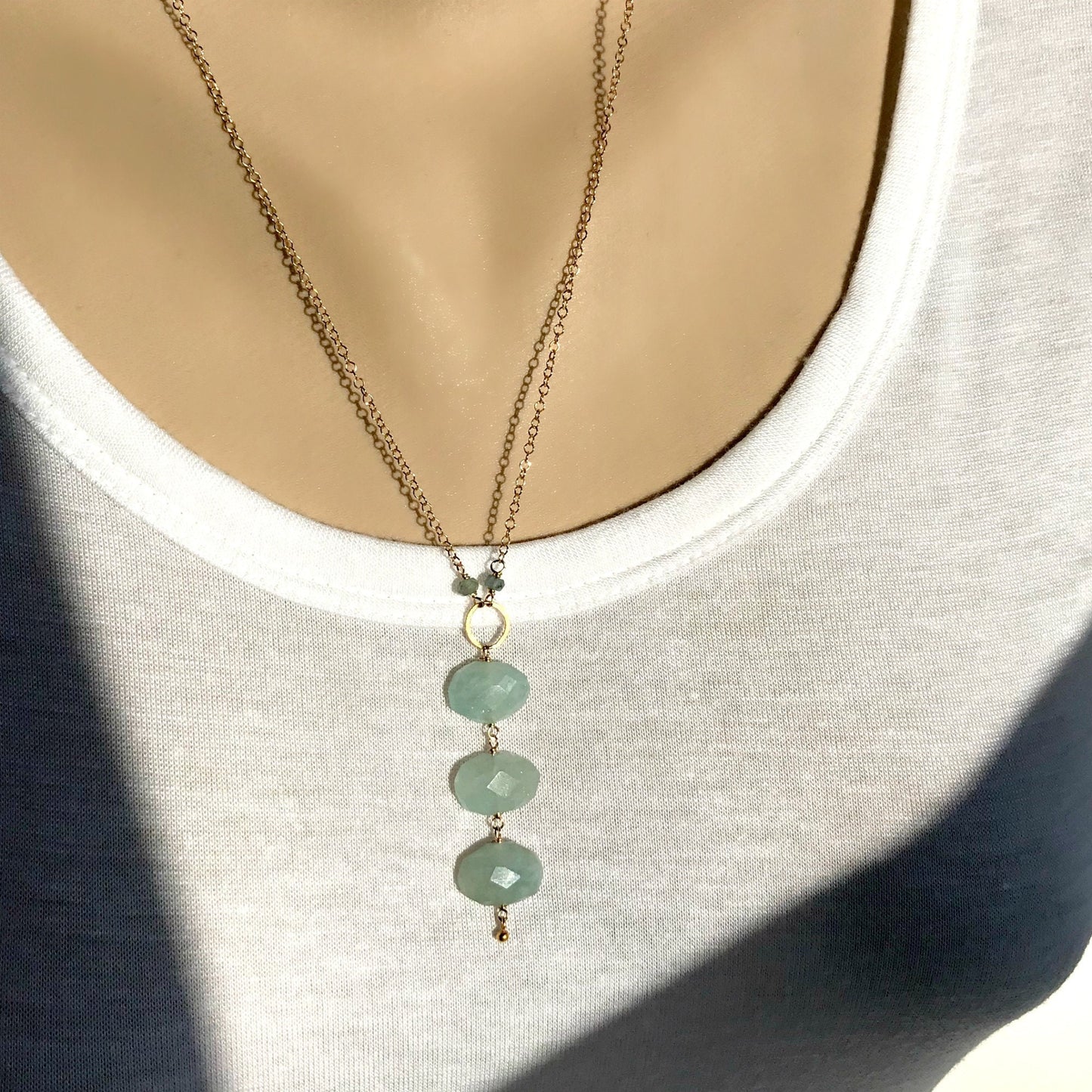 Dainty Aquamarine Drop Y Necklace,Simple Layering Necklace,Delicate Gemstone Necklace, March Birthstone Necklace,Long Gold Layering Necklace