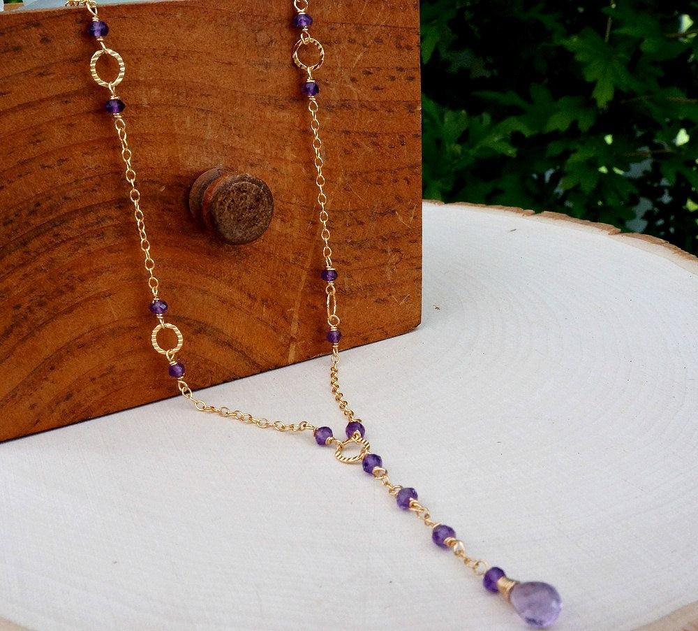 Natural Amethyst Necklace,February Birthstone,Dainty Purple Necklace,Lariat Necklace,Simple Layering Necklace,Amethyst Jewelry,Gift for Mom