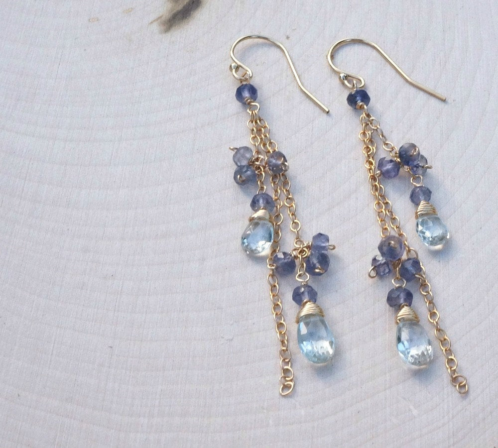 Aquamarine Earrings Iolite Earrings March Birthstone Cluster Earrings Dainty Earrings Dangle Earrings Blue Earrings Drop Earrings