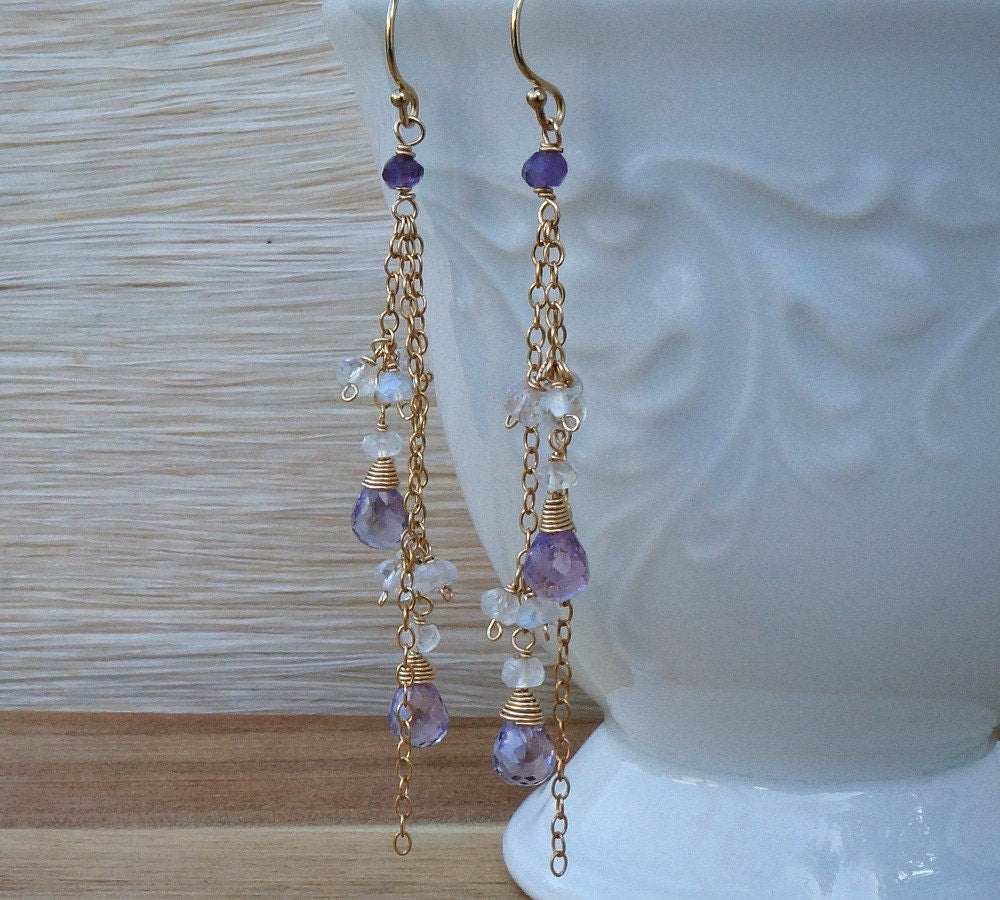 Genuine Amethyst Earrings Moonstone Earrings February Birthstone June Birthstone Long Earrings Dainty Earrings Dangle Earrings Drop Earrings