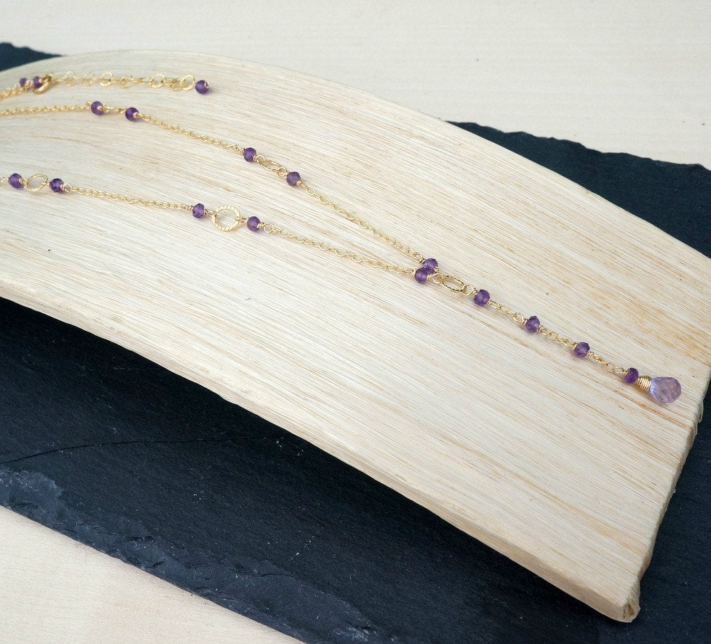 Natural Amethyst Necklace,February Birthstone,Dainty Purple Necklace,Lariat Necklace,Simple Layering Necklace,Amethyst Jewelry,Gift for Mom