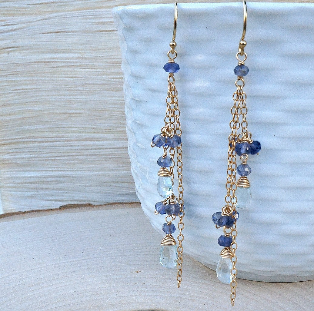 Aquamarine Earrings Iolite Earrings March Birthstone Cluster Earrings Dainty Earrings Dangle Earrings Blue Earrings Drop Earrings
