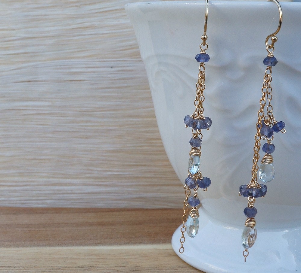 Aquamarine Earrings Iolite Earrings March Birthstone Cluster Earrings Dainty Earrings Dangle Earrings Blue Earrings Drop Earrings