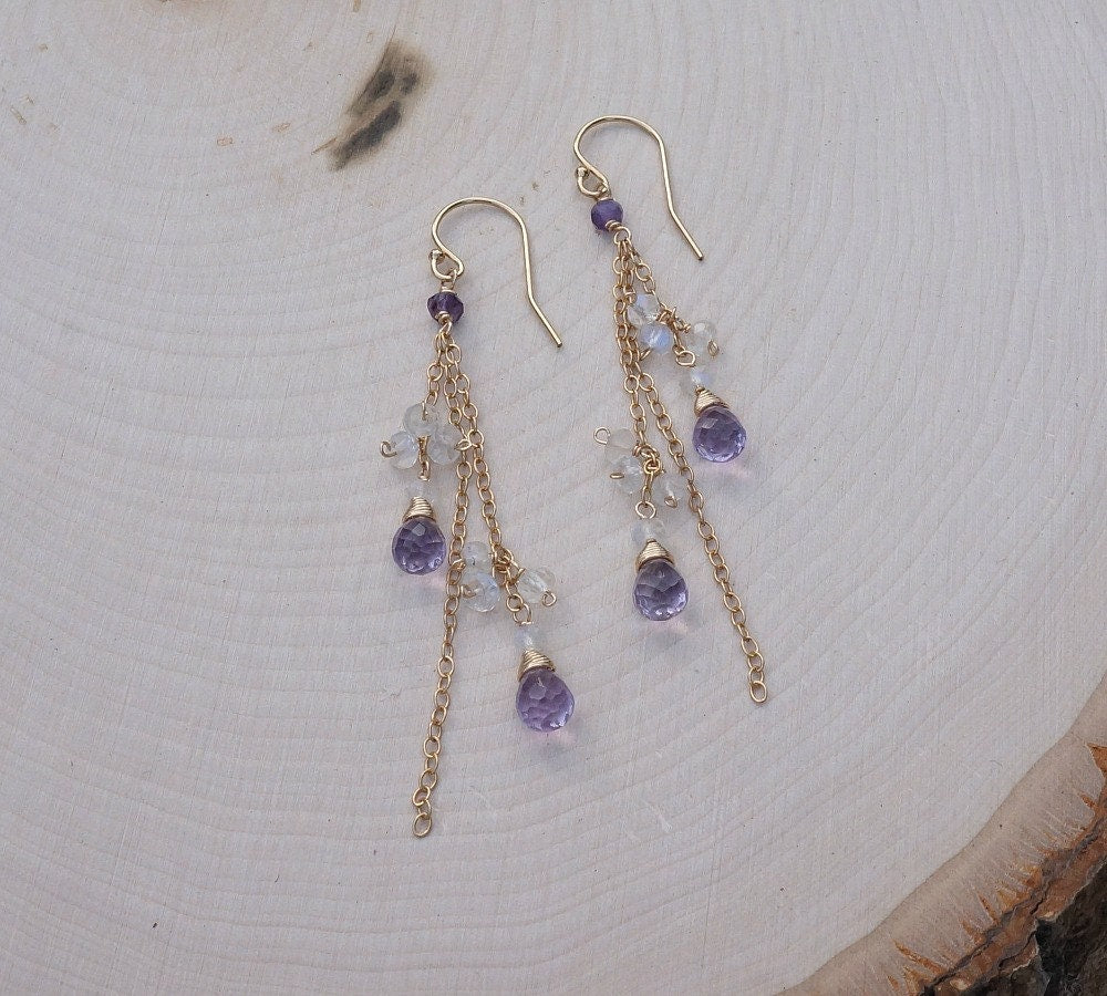 Genuine Amethyst Earrings Moonstone Earrings February Birthstone June Birthstone Long Earrings Dainty Earrings Dangle Earrings Drop Earrings