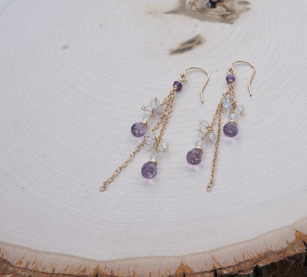 Genuine Amethyst Earrings Moonstone Earrings February Birthstone June Birthstone Long Earrings Dainty Earrings Dangle Earrings Drop Earrings