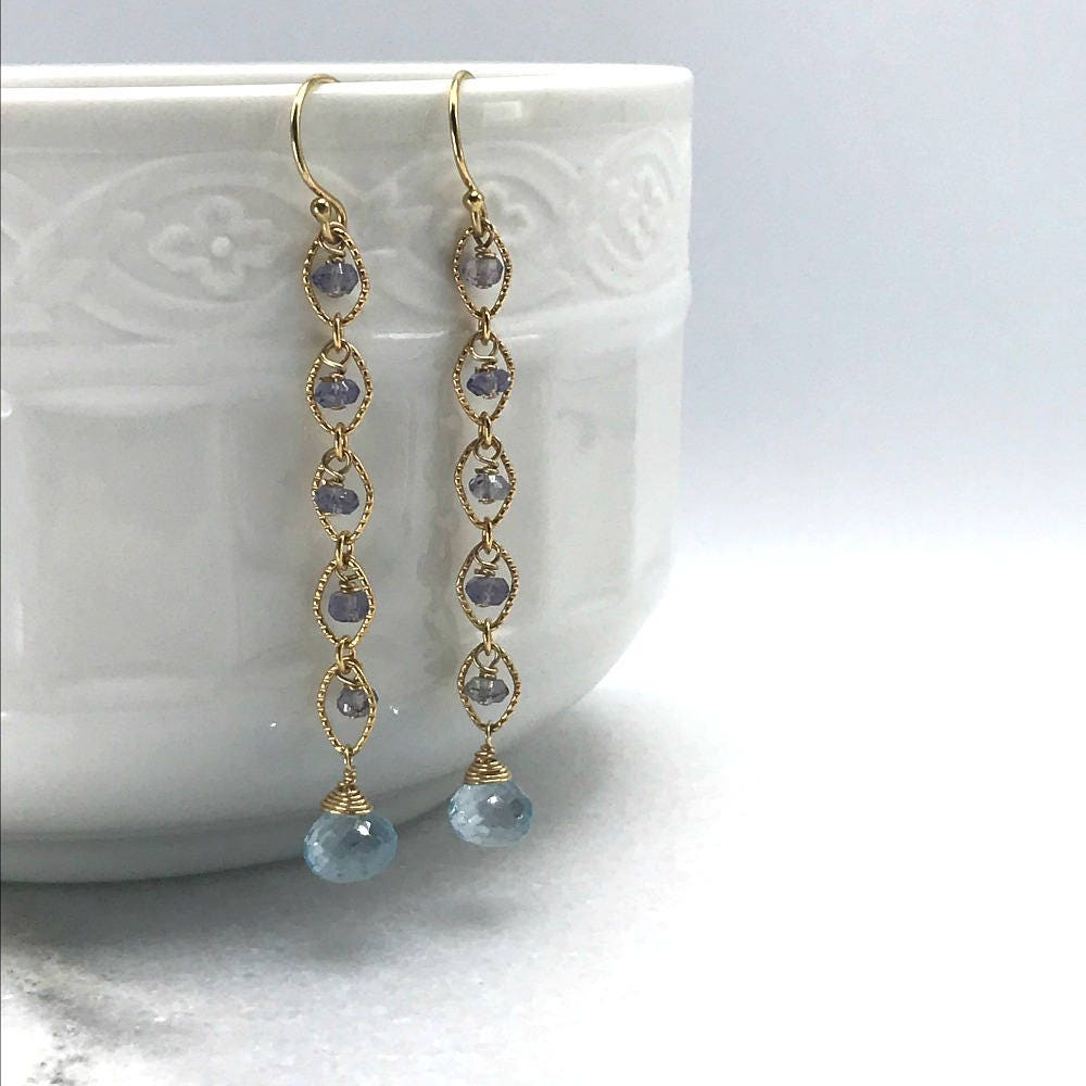 Blue Topaz Earrings Iolite Earrings Blue Earrings Dainty Earrings Dangle Earrings Long Earrings Linear Earrings December Birthstone