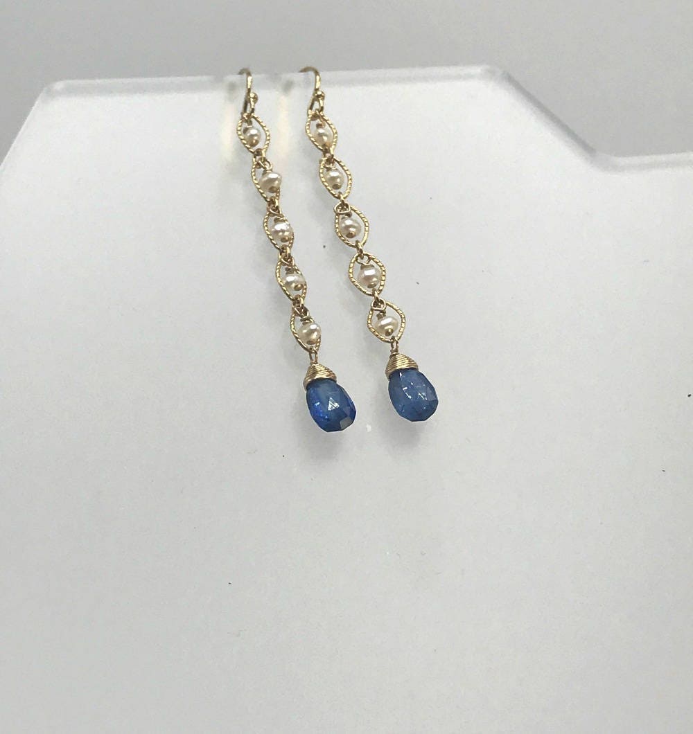 Dainty Earring Kyanite Earrings Pearl Earrings June Birthstone Gemstone Earrings Dangle Earrings Drop Earrings Linear Earrings Gift for Her