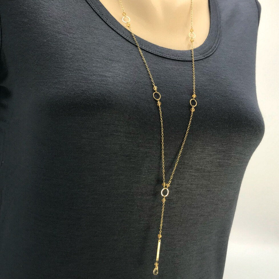 Citrine Y Necklace,November Birthstone,Delicate Gold Lariat,Long Layering Necklace,Dainty Handmade Necklace,Birthday Gift,Drop Necklace