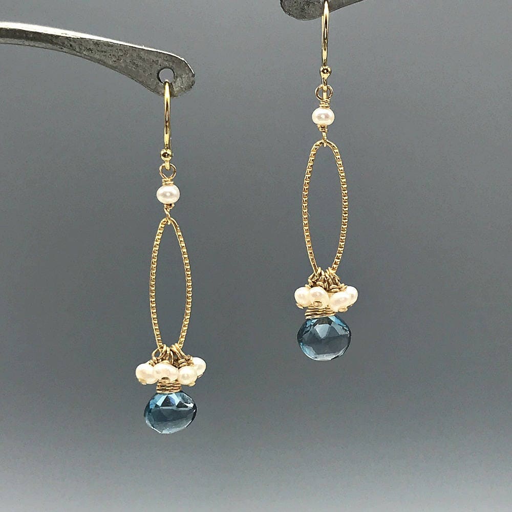 Blue Topaz Earrings Cluster Earrings Pearls Earrings December Birthstone Delicate Earrings Drop Earrings Dainty Earrings Blue Earrings
