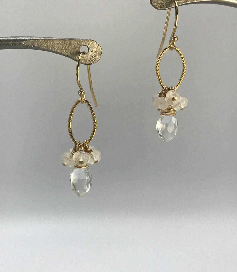White Topaz Earrings Moonstone Earrings Cluster Earrings April Birthstone June Birthstone Dangle Earrings Drop Earrings Dainty Earrings