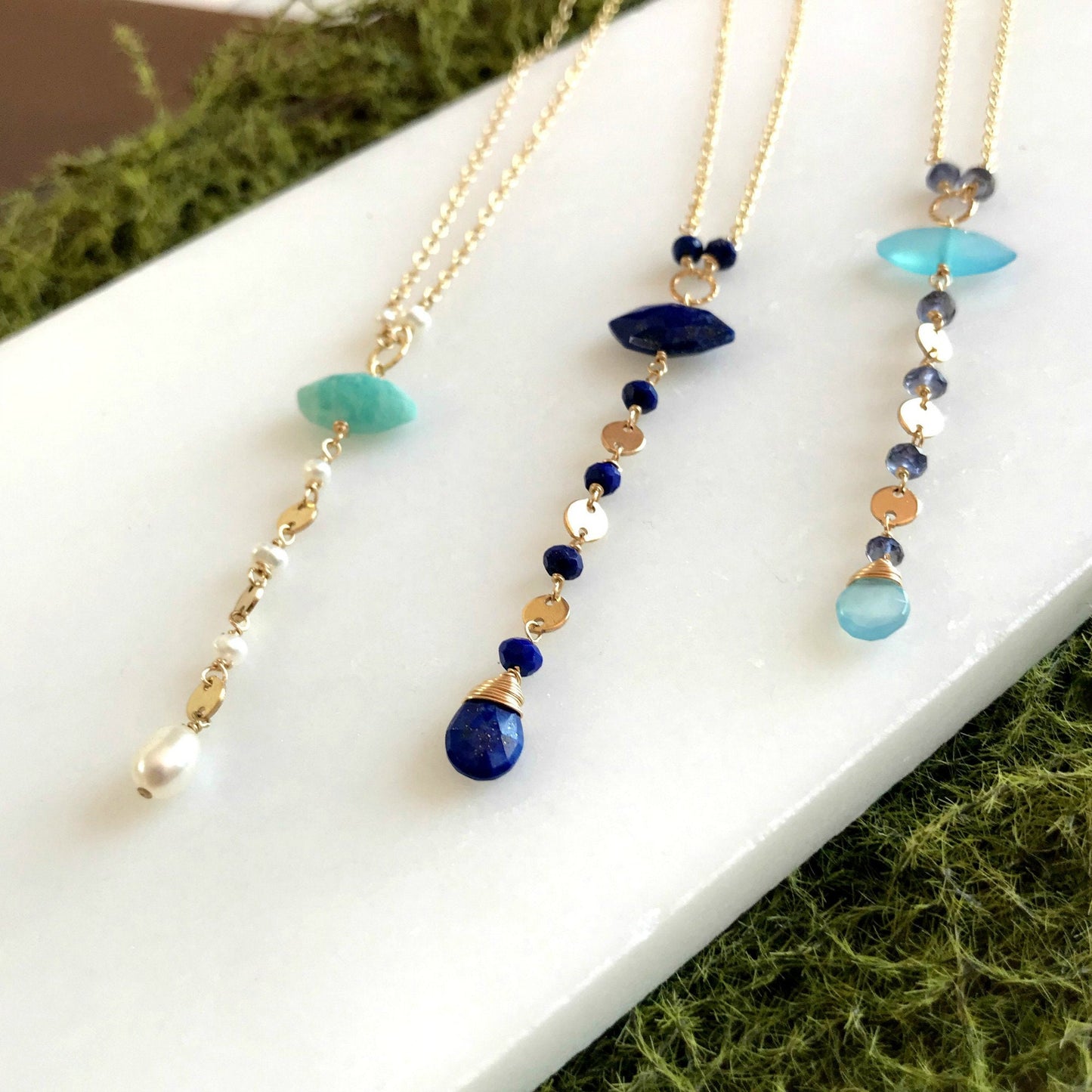 Blue Necklace Y Necklace Everyday Necklace Simple Necklace Lapis Necklace Pearl Necklace June Birthstone Gemstone Necklace Marquise Necklace