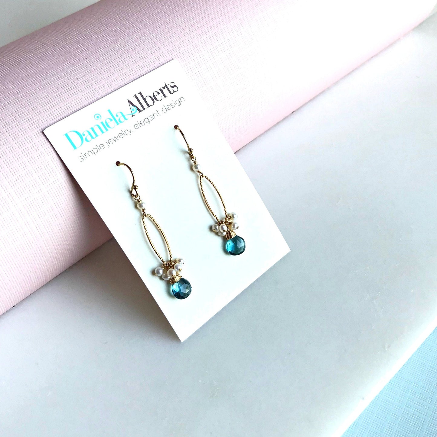 Blue Topaz Earrings Cluster Earrings Pearls Earrings December Birthstone Delicate Earrings Drop Earrings Dainty Earrings Blue Earrings