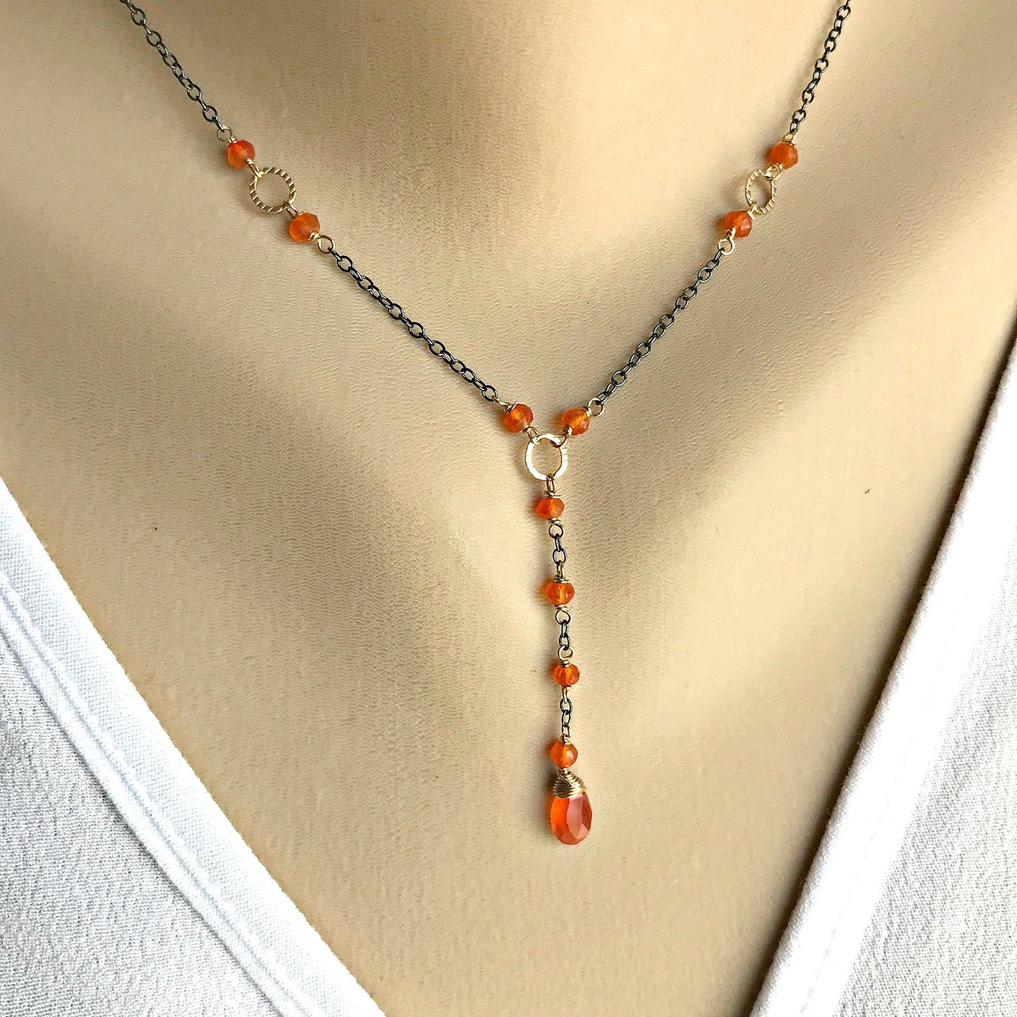 Carnelian Drop Necklace,Orange Simple Necklace, Gemstone Lariat Necklace,Drop Necklace,Handmade Jewelry,Simple Layering,Gold Lariat Necklace