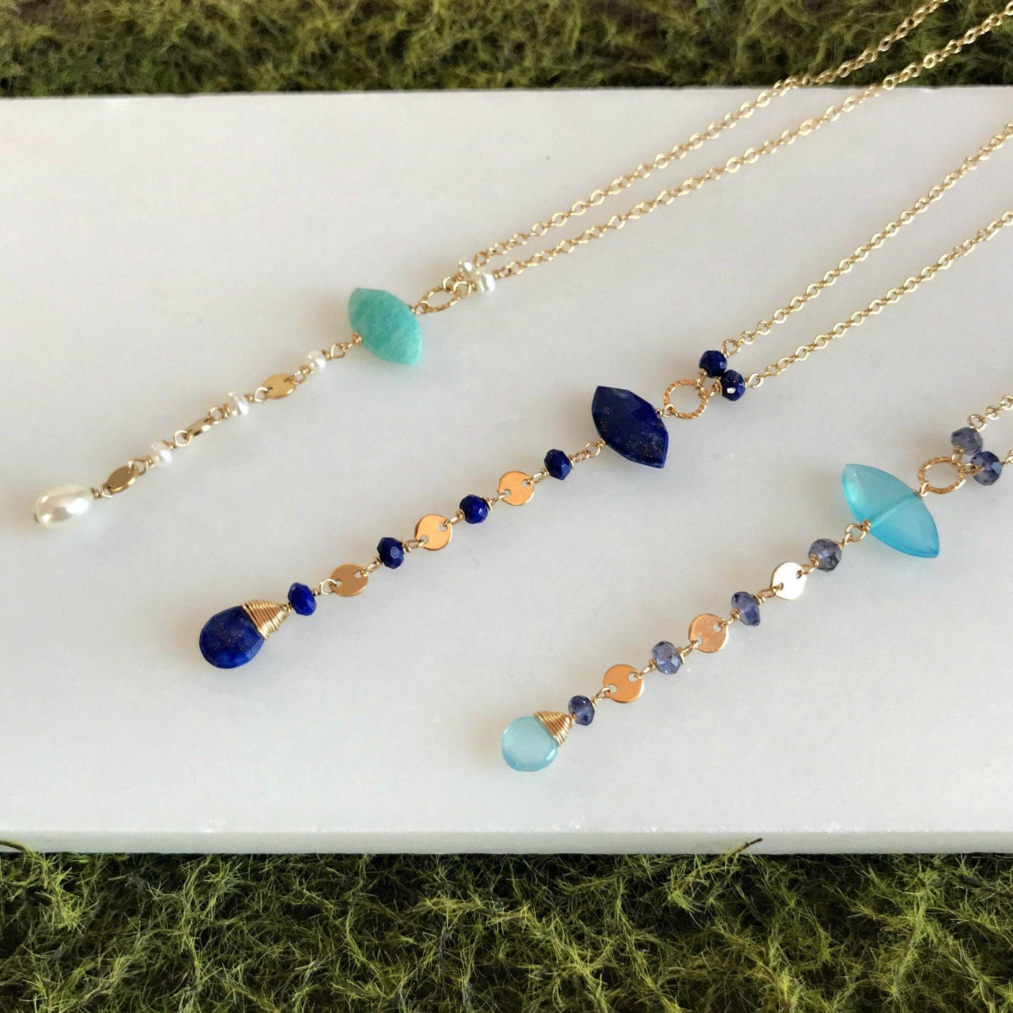 Blue Necklace Y Necklace Everyday Necklace Simple Necklace Lapis Necklace Pearl Necklace June Birthstone Gemstone Necklace Marquise Necklace