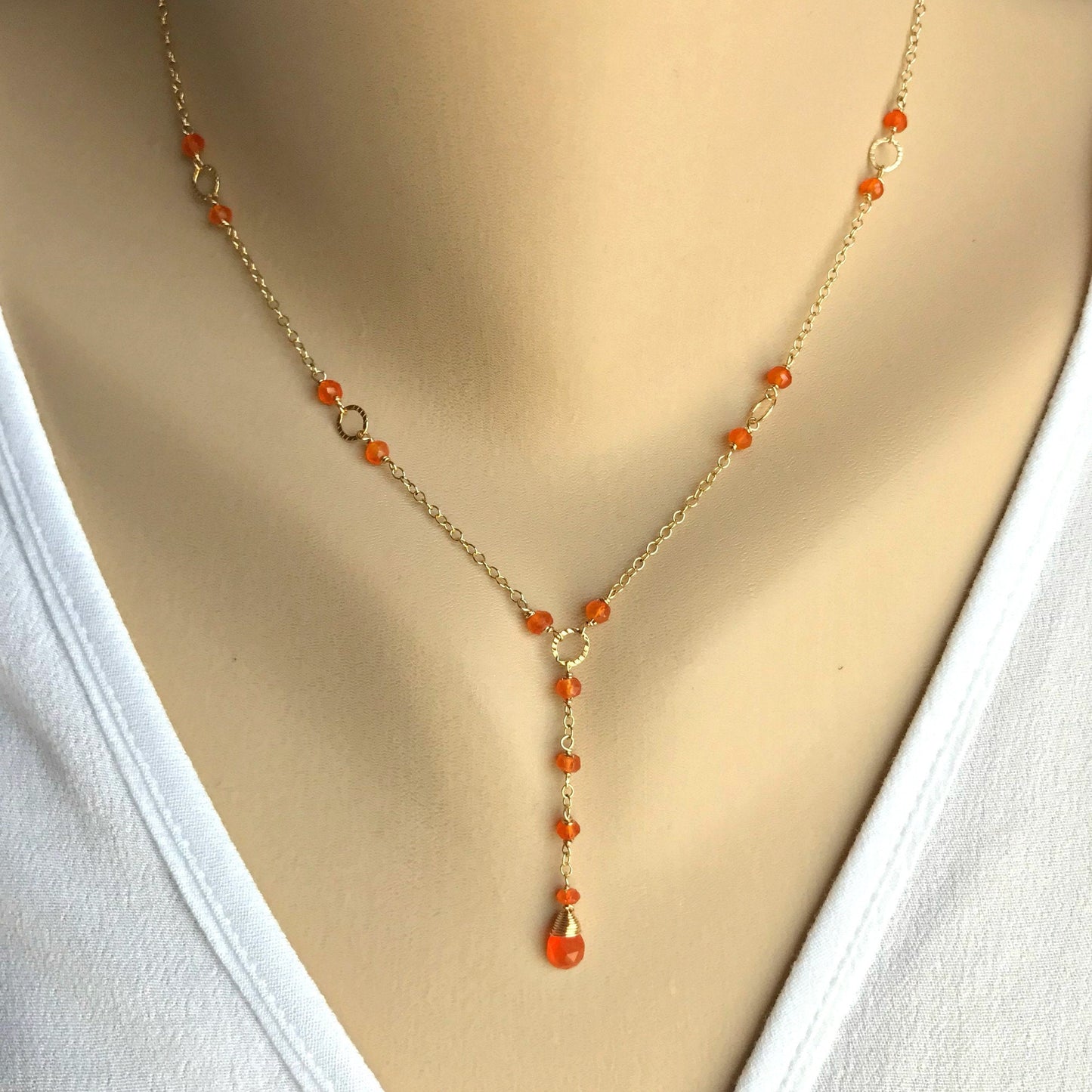 Carnelian Drop Necklace,Orange Simple Necklace, Gemstone Lariat Necklace,Drop Necklace,Handmade Jewelry,Simple Layering,Gold Lariat Necklace