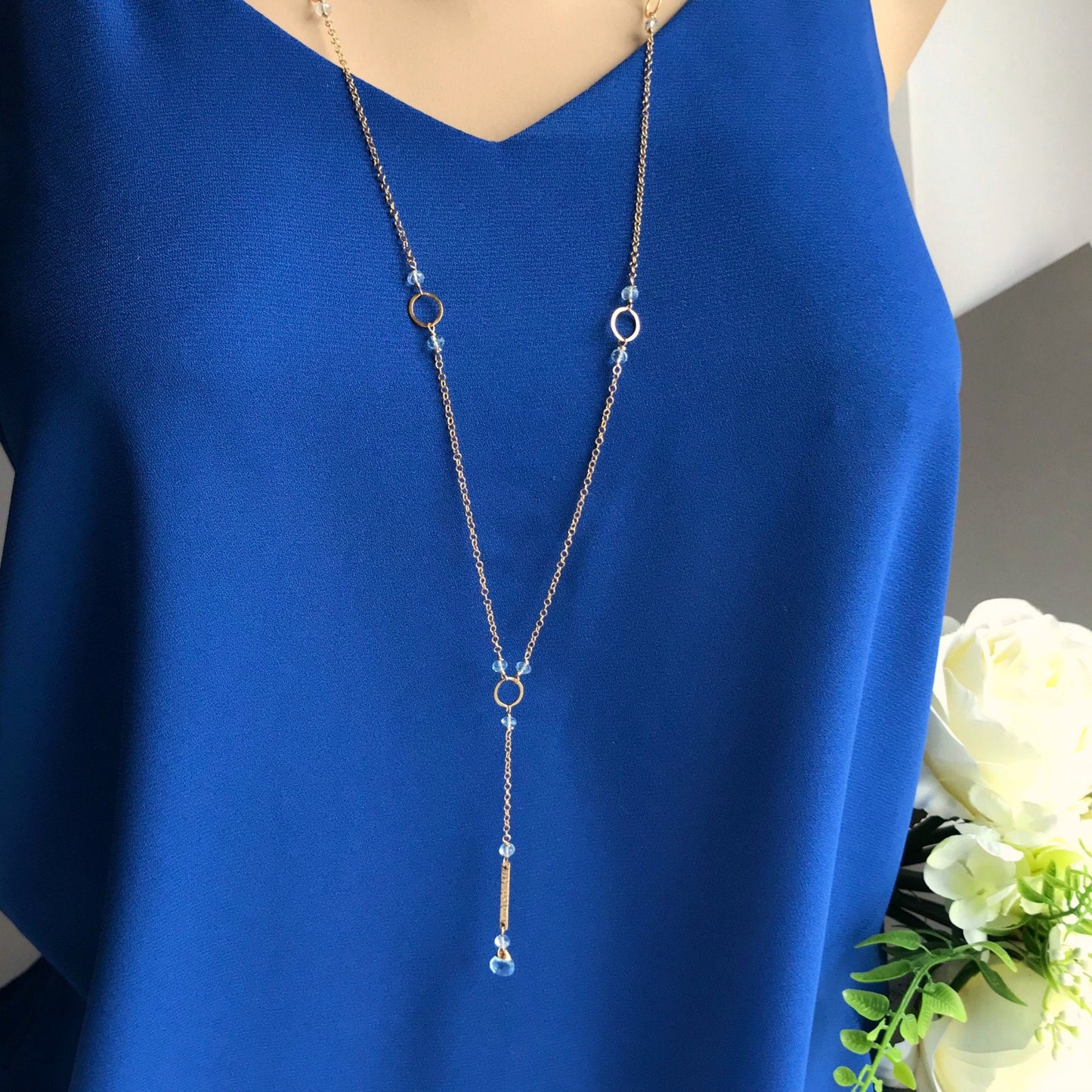 Handmade Aquamarine Lariat Necklace | March Birthstone Y Drop with Gold Accents | Elegant & Dainty Layering Necklace for Special Occasions