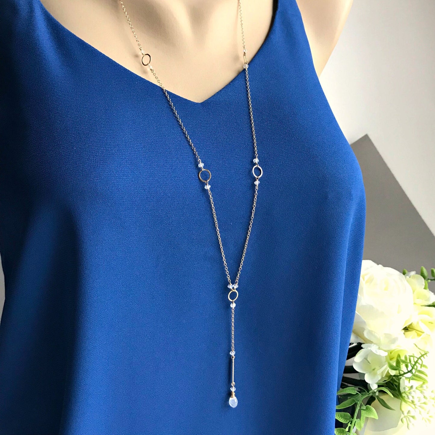 Elegant Rainbow Moonstone Y Necklace – Minimalist Drop Design for Chic Layering, Perfect Gift for Her, Stylish Gemstone Jewelry