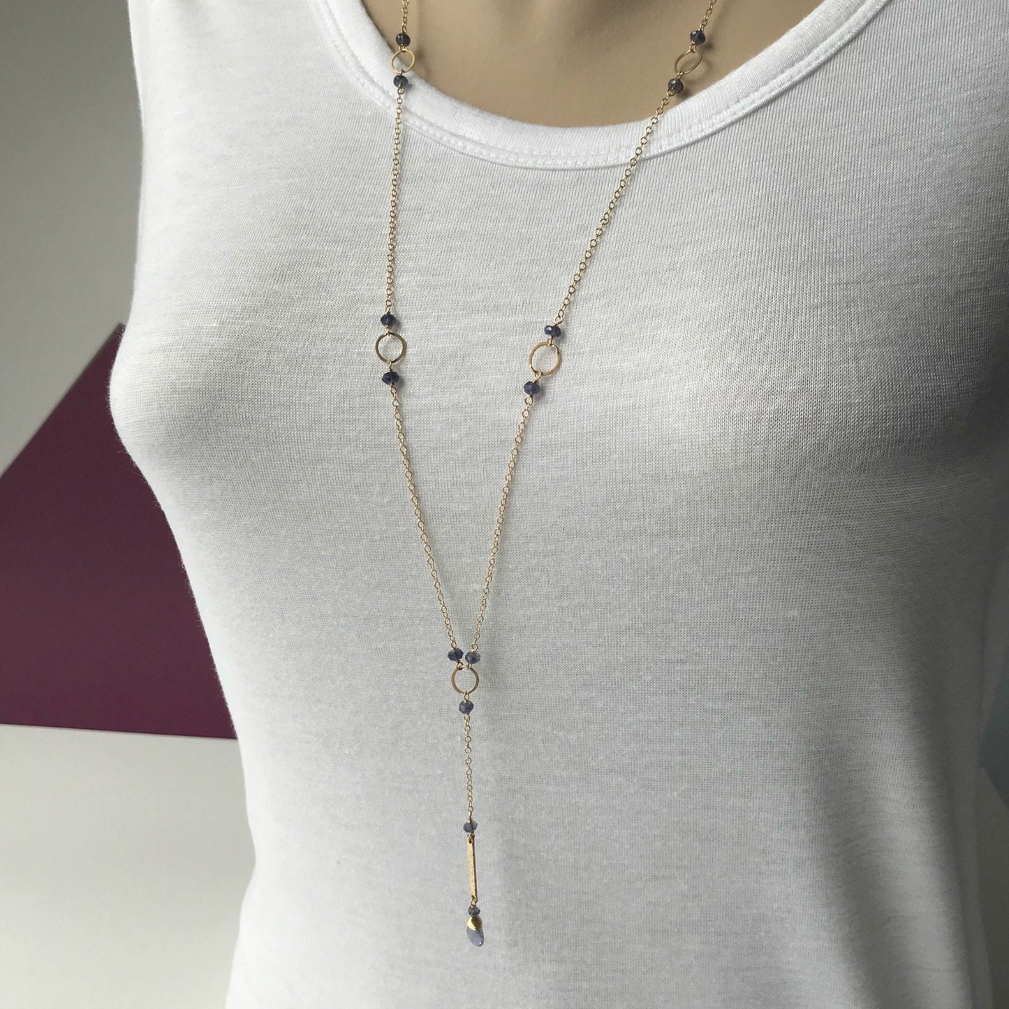 Blue Iolite Y Necklace in Gold - Delicate and Elegant Gemstone Drop Pendant for Effortless Layering,Simple Dainty Minimalist Necklace