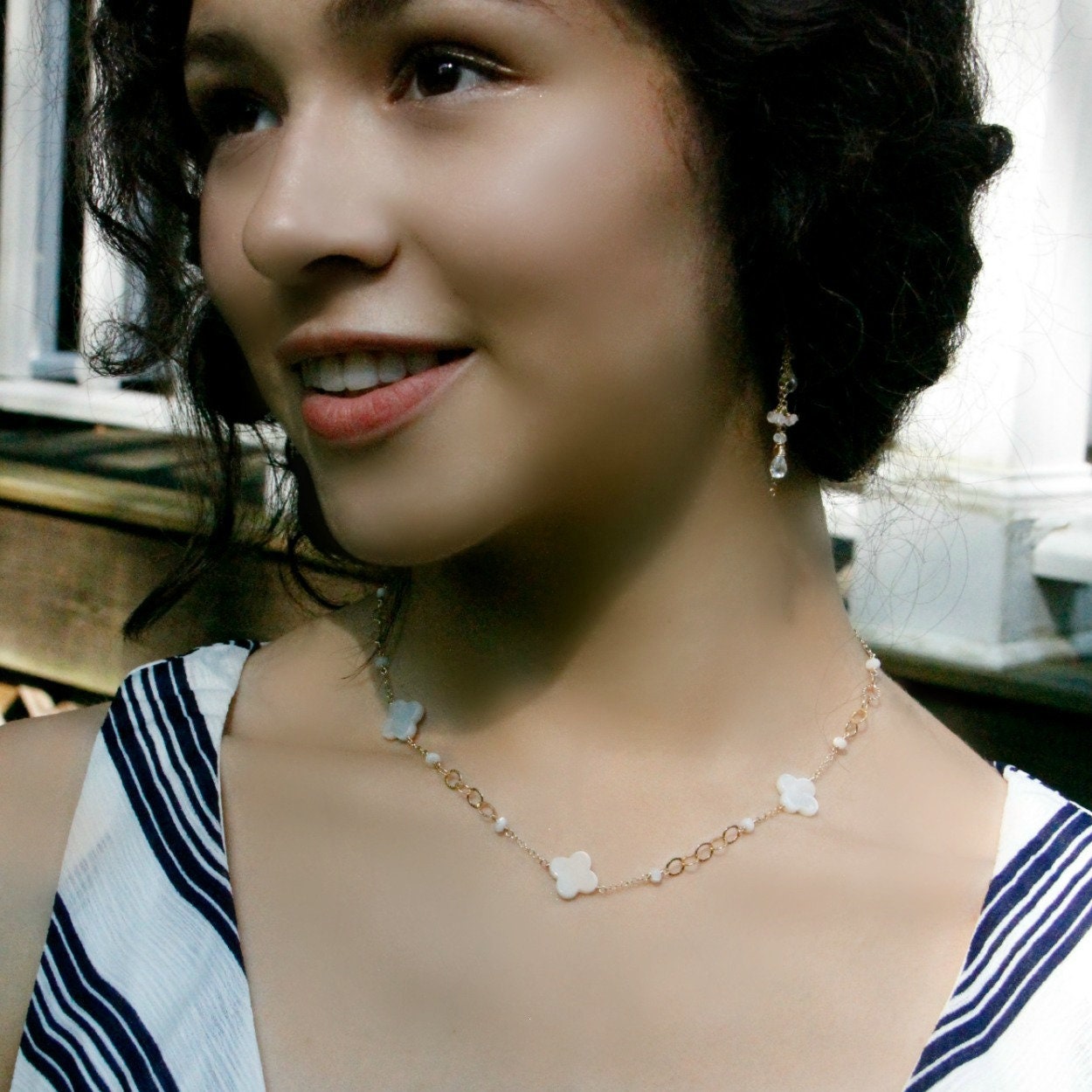 Mother of Pearl choker necklace styled with casual attire