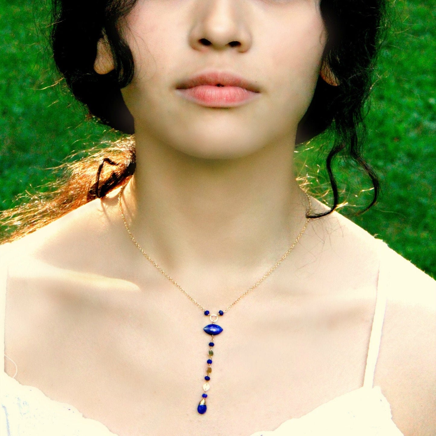 Blue Necklace Y Necklace Everyday Necklace Simple Necklace Lapis Necklace Pearl Necklace June Birthstone Gemstone Necklace Marquise Necklace