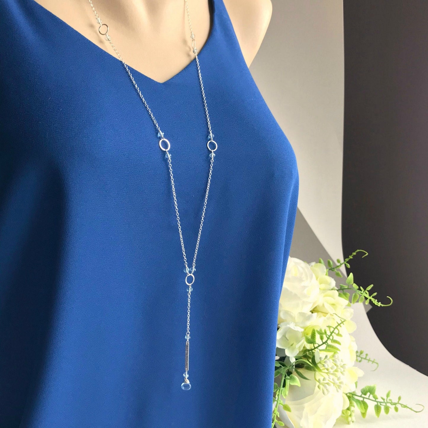 Handmade Aquamarine Lariat Necklace | March Birthstone Y Drop with Gold Accents | Elegant & Dainty Layering Necklace for Special Occasions