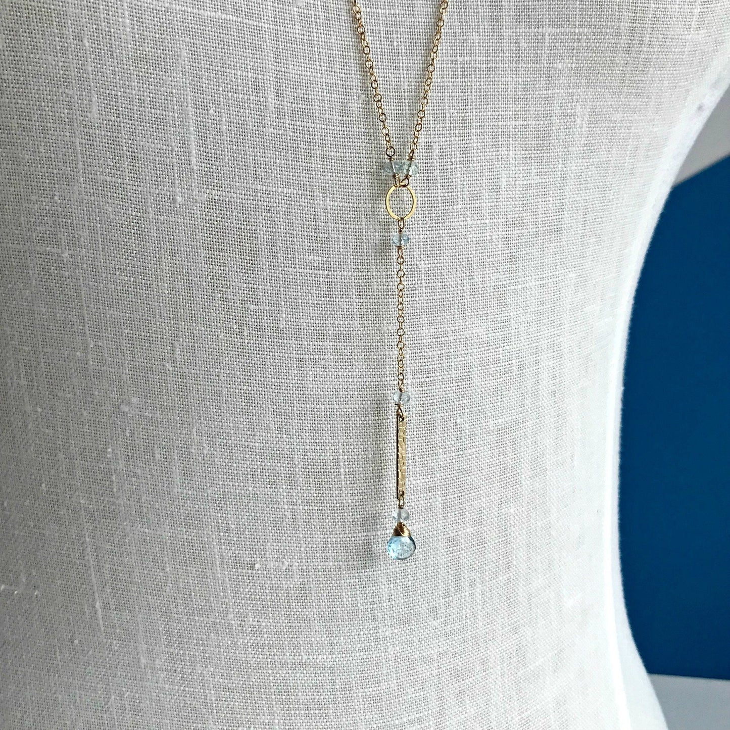Handmade Aquamarine Lariat Necklace | March Birthstone Y Drop with Gold Accents | Elegant & Dainty Layering Necklace for Special Occasions