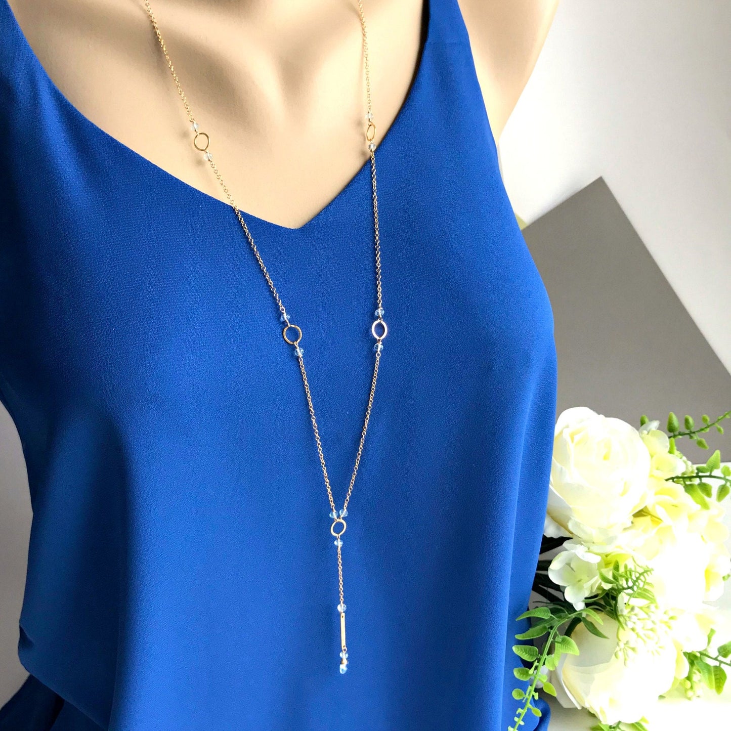 Handmade Aquamarine Lariat Necklace | March Birthstone Y Drop with Gold Accents | Elegant & Dainty Layering Necklace for Special Occasions