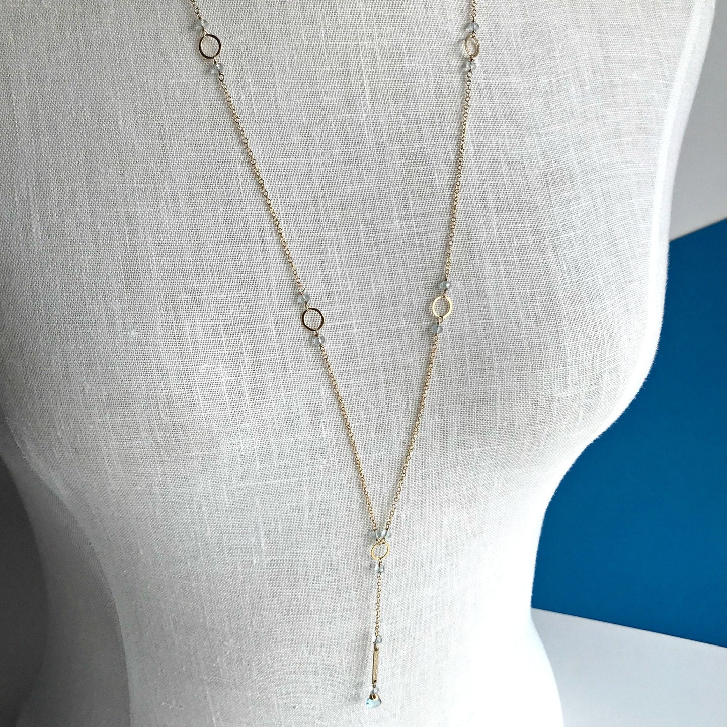 Handmade Aquamarine Lariat Necklace | March Birthstone Y Drop with Gold Accents | Elegant & Dainty Layering Necklace for Special Occasions