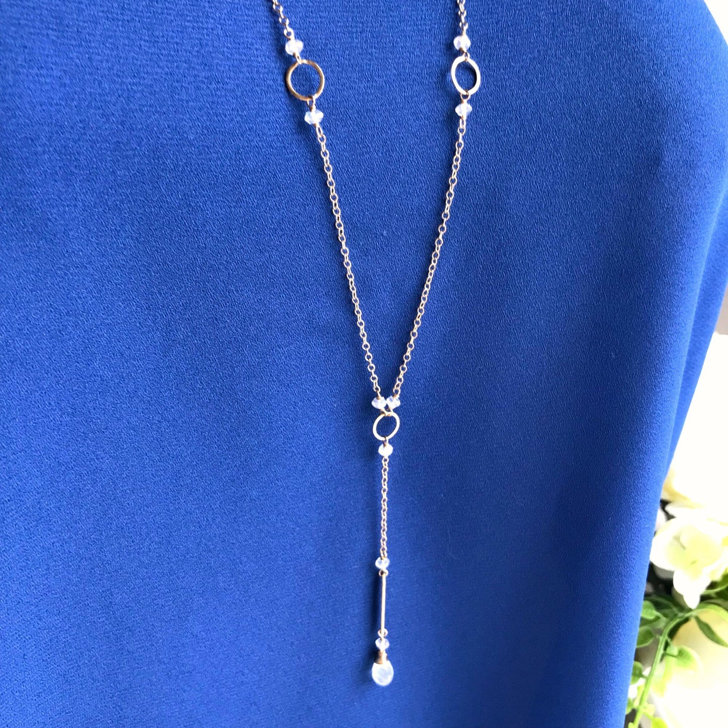 Elegant Rainbow Moonstone Y Necklace – Minimalist Drop Design for Chic Layering, Perfect Gift for Her, Stylish Gemstone Jewelry