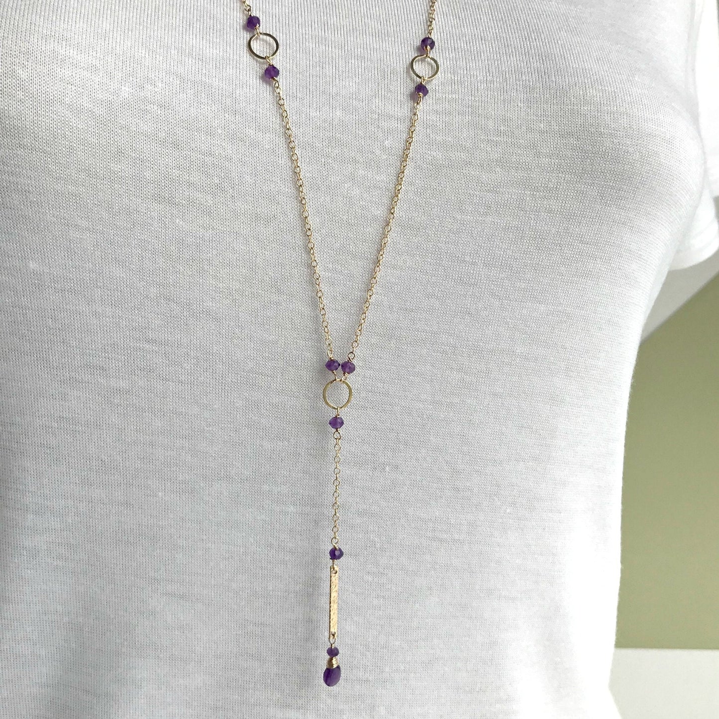Purple Amethyst Necklace, Gold Y Bar Necklace, Dainty Layering Necklace,February Birthstone,Minimalist Necklace, Aquarius Silver Necklace