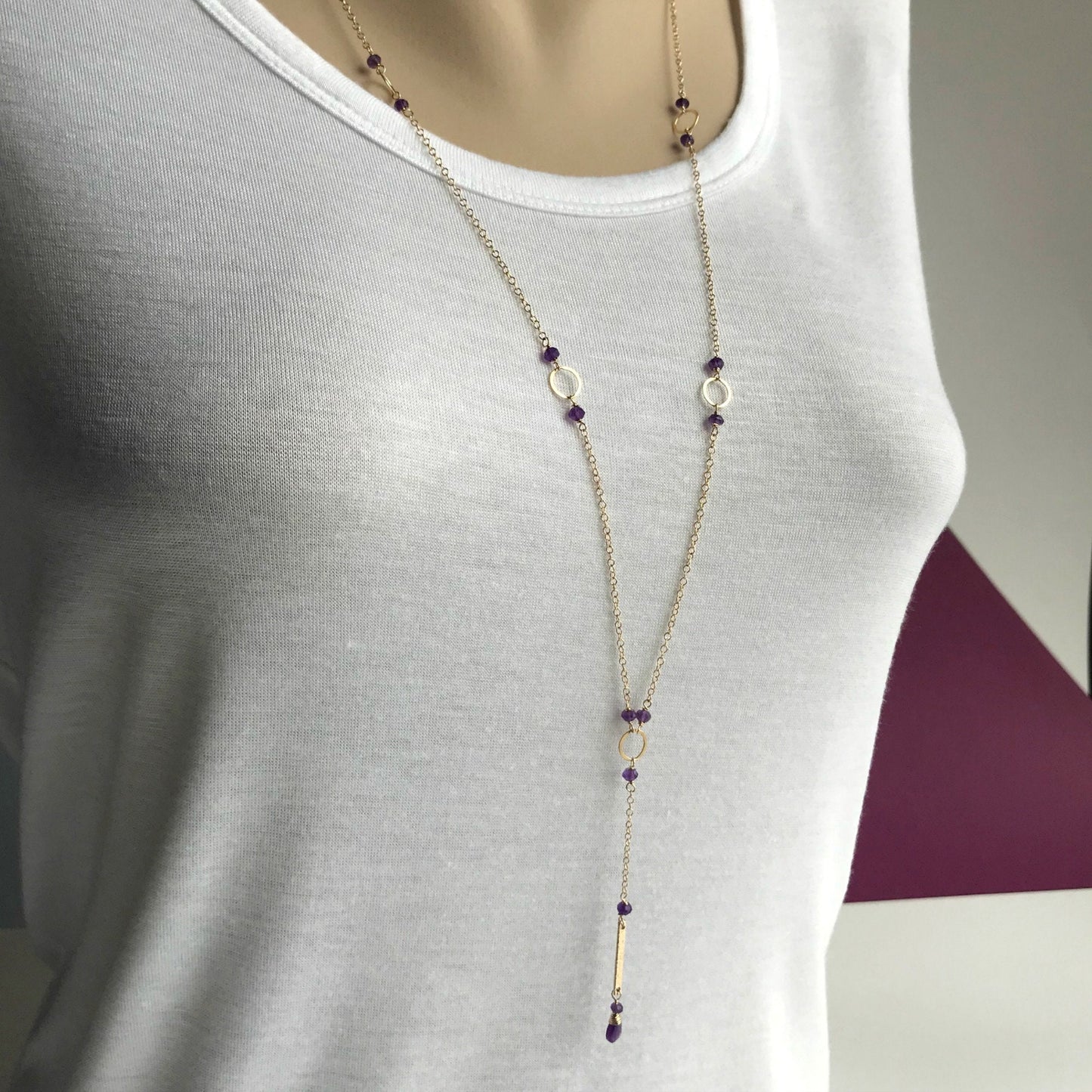 Purple Amethyst Necklace, Gold Y Bar Necklace, Dainty Layering Necklace,February Birthstone,Minimalist Necklace, Aquarius Silver Necklace