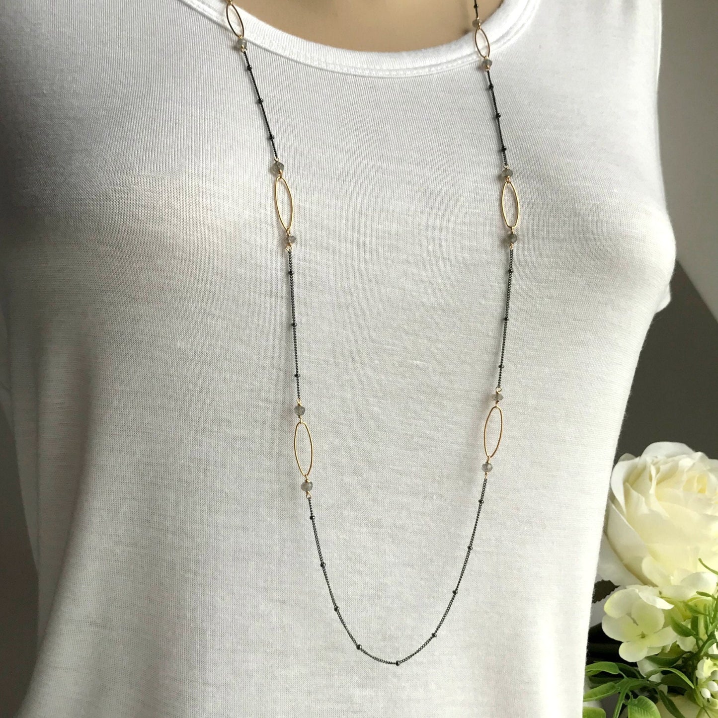 Labradorite Necklace Long Necklace Station Necklace Delicate Necklace Layering Necklace Simple Necklace Satellite Chain Valentine's Day