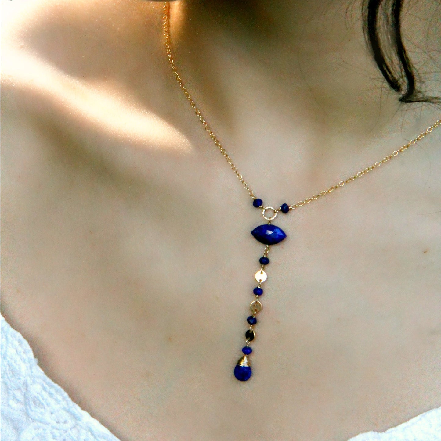 Blue Necklace Y Necklace Everyday Necklace Simple Necklace Lapis Necklace Pearl Necklace June Birthstone Gemstone Necklace Marquise Necklace