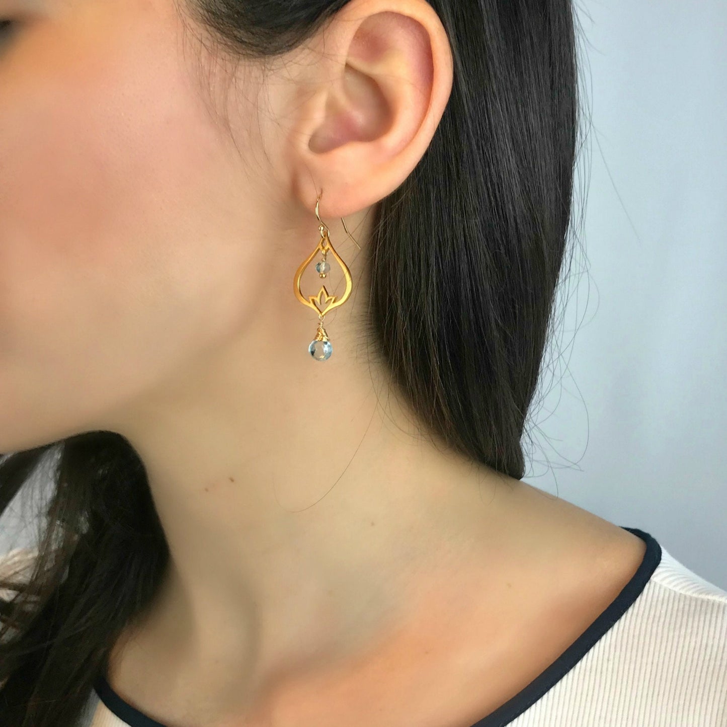 Lotus Earrings Blue Topaz Earrings December Birthstone Art Deco Earrings Dainty Earrings Bohemian Earrings Mother's Day Gift Gift Earrings