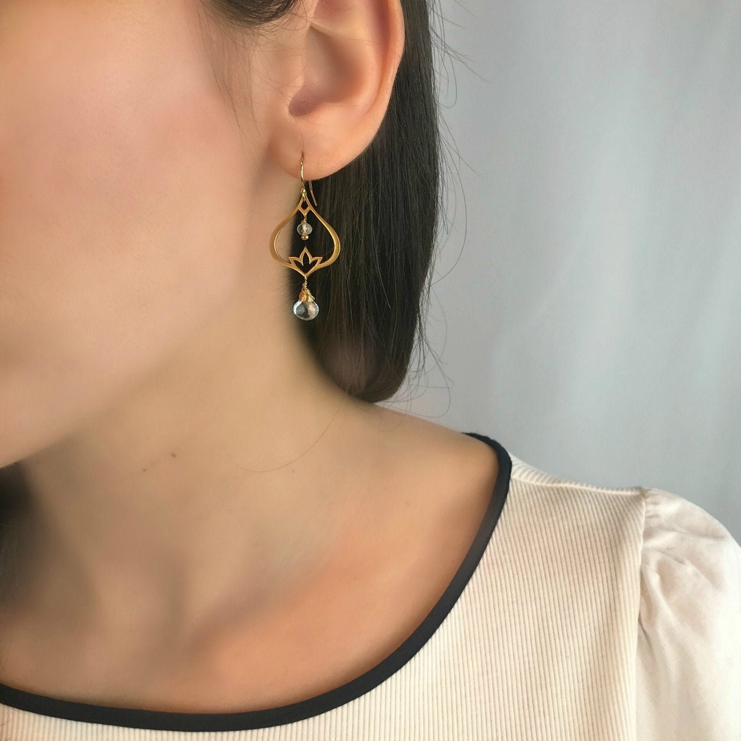 Lotus Earrings Blue Topaz Earrings December Birthstone Art Deco Earrings Dainty Earrings Bohemian Earrings Mother's Day Gift Gift Earrings
