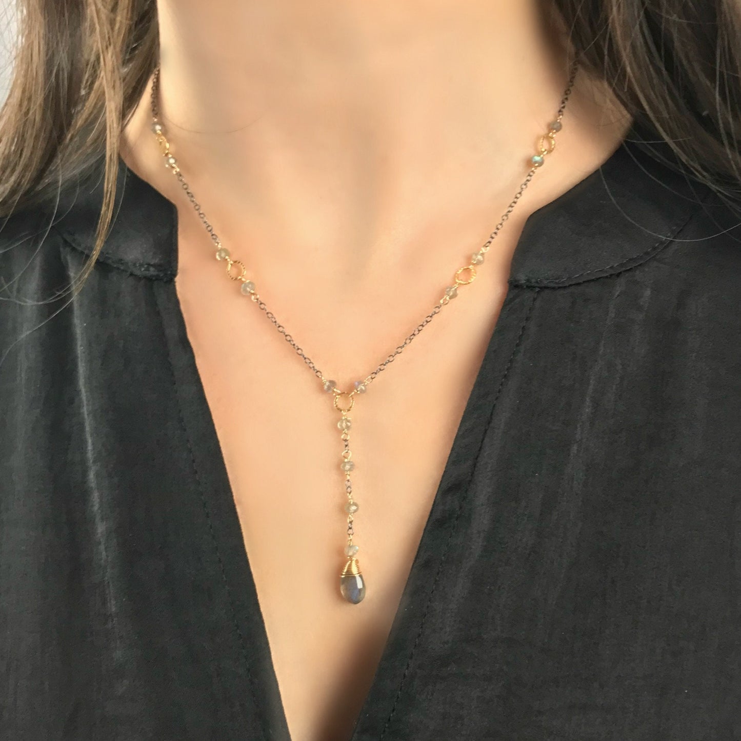 Labradorite Necklace Y Necklace Dainty Lariat Necklace Two Tone Delicate Necklace Mixed Metal Necklace Minimalist Necklace Gemstone Necklace