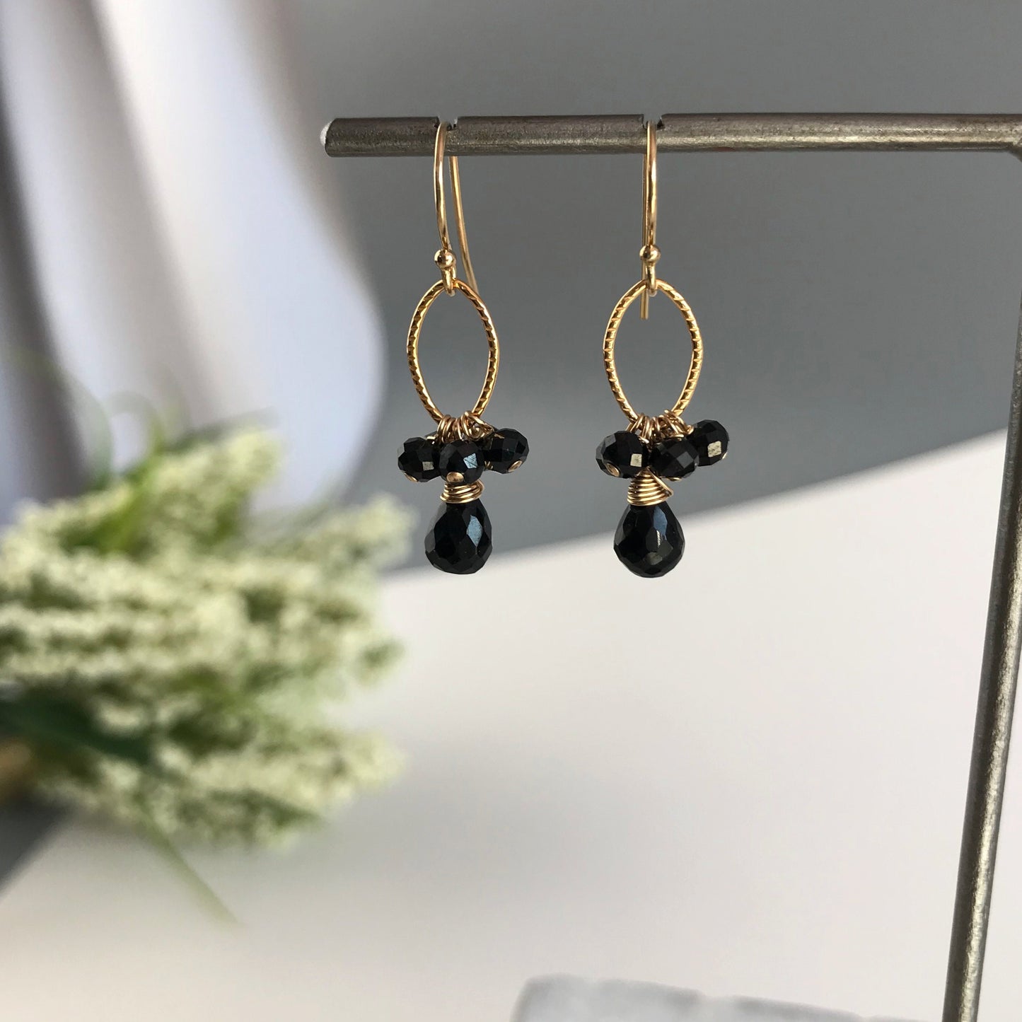 Gemstone Earrings Black Earrings Black and Gold Dainty Earrings Cute Earrings Black Jewelry Link Earrings Earrings for Women Gift for Her
