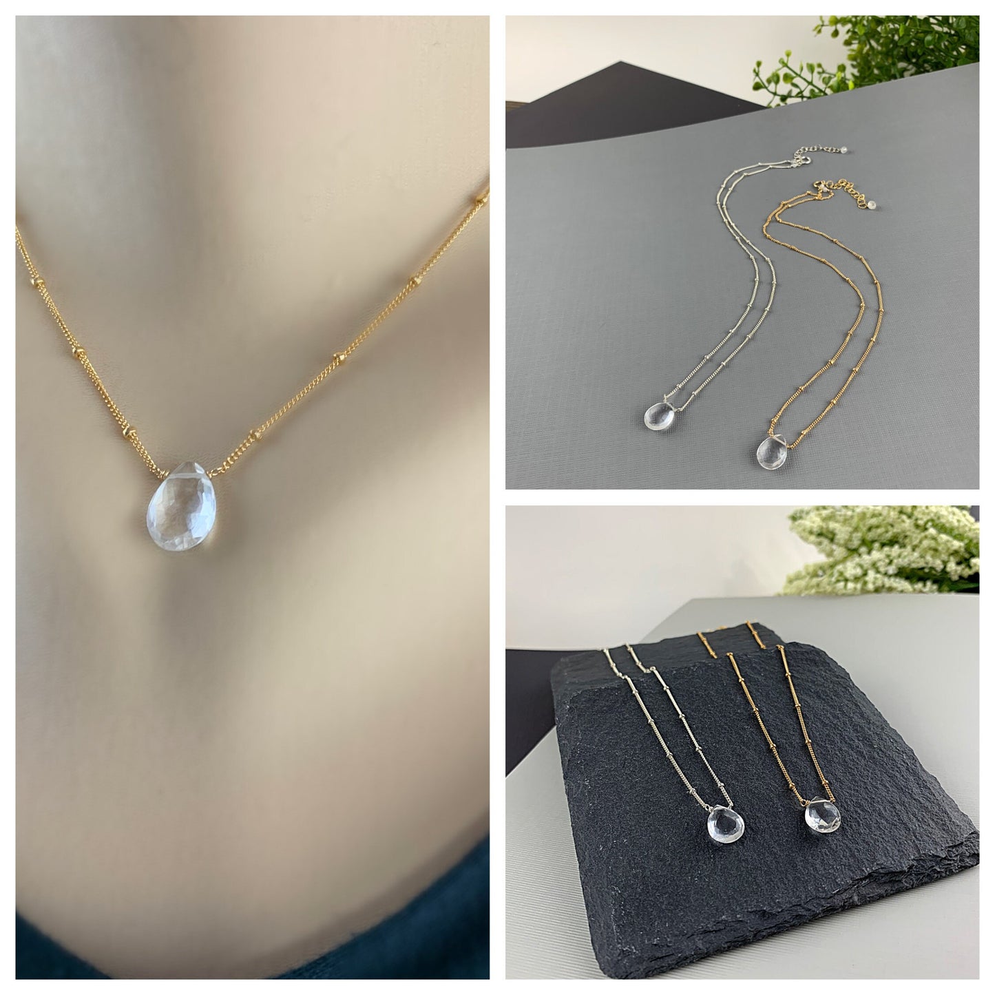 White Topaz Necklace April Birthstone Gemstone Necklace Crystal Necklace Layering Necklace Gold Necklace Silver Necklace Gift for Her
