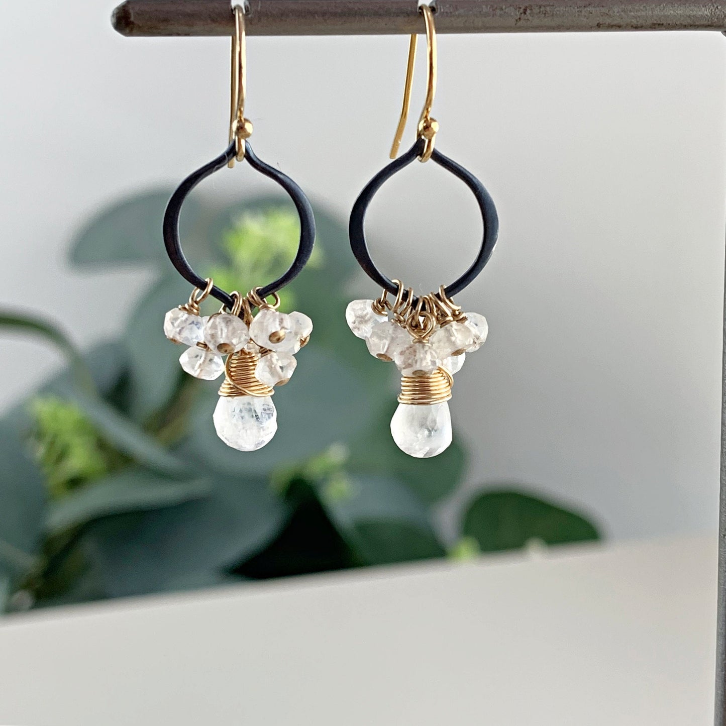 Moonstone Earrings Link Earrings Black Earrings Earrings for Women June Birthstone Gemstone Earrings Gift for Girlfriend Gift for Mom