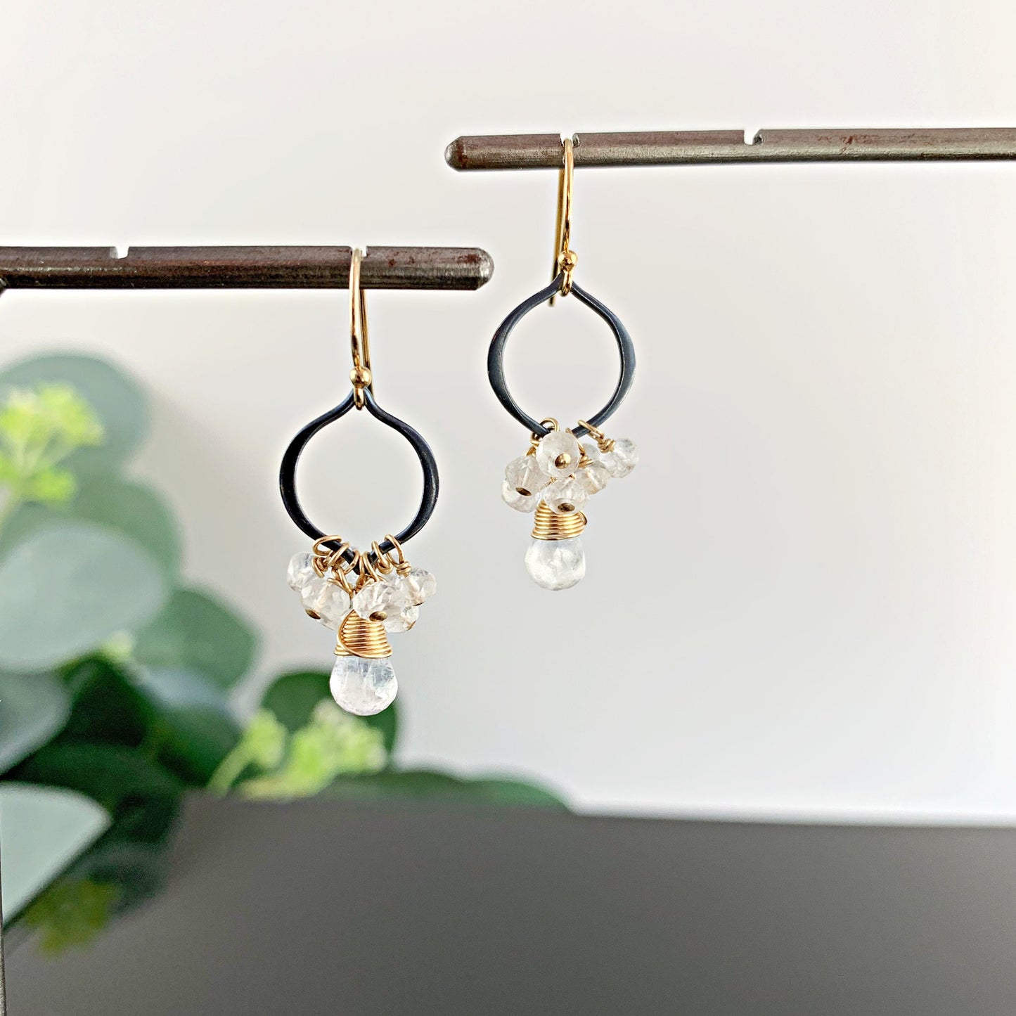 Moonstone Earrings Link Earrings Black Earrings Earrings for Women June Birthstone Gemstone Earrings Gift for Girlfriend Gift for Mom