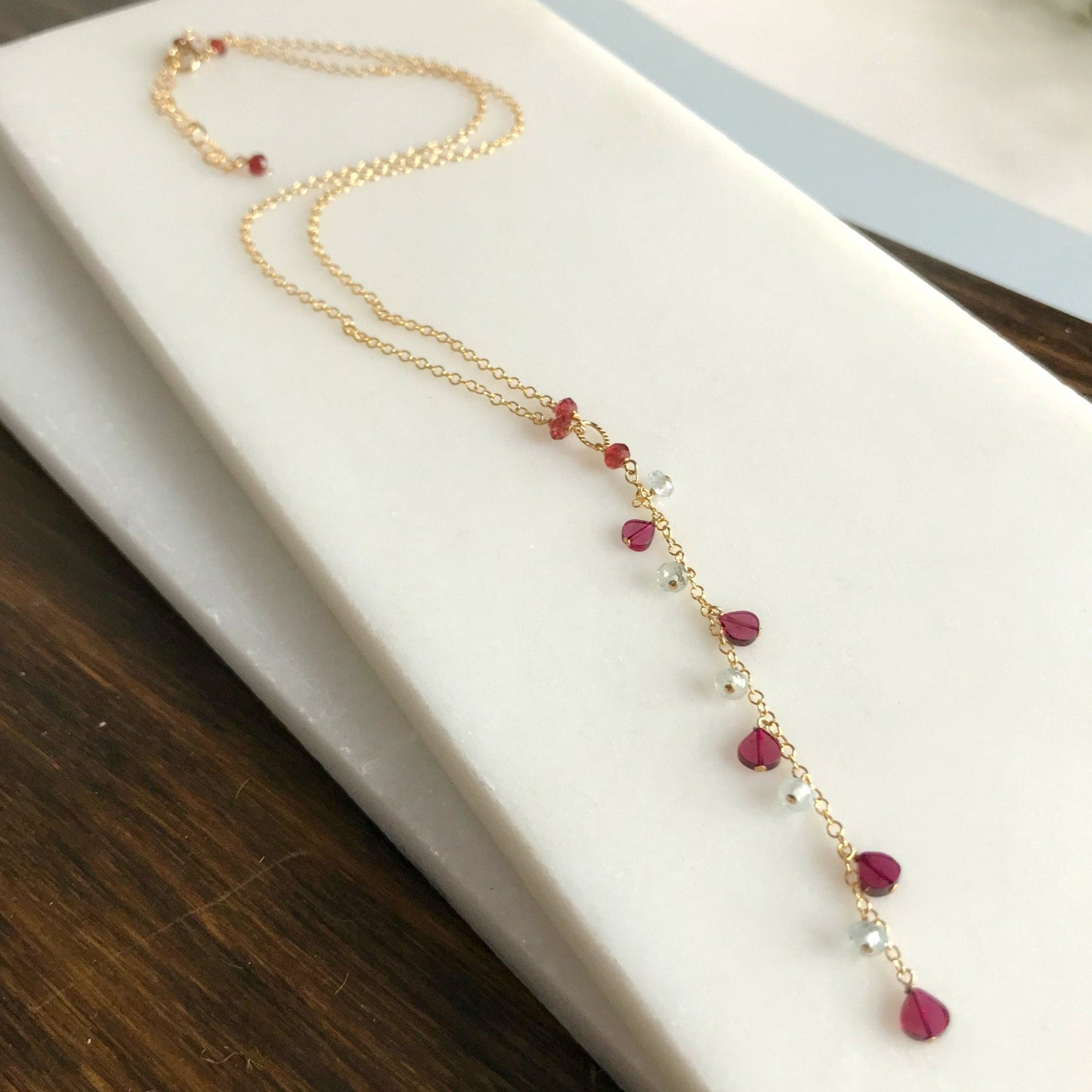 Garnet Necklace Heart Necklace Blue Topaz Necklace Y Necklace Dainty Necklace Minimalist Necklace Gift for Her Necklace for Women