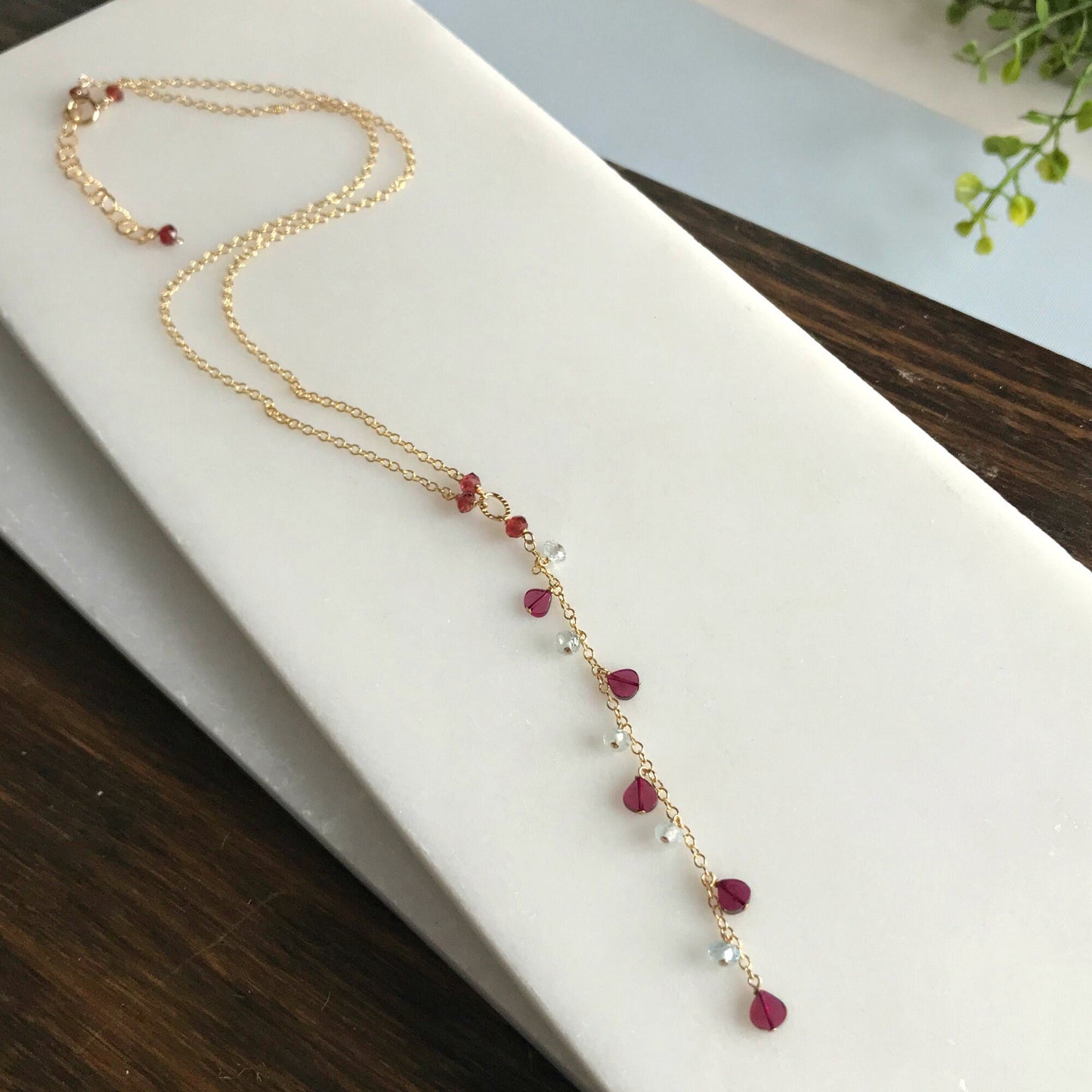 Garnet Necklace Heart Necklace Blue Topaz Necklace Y Necklace Dainty Necklace Minimalist Necklace Gift for Her Necklace for Women